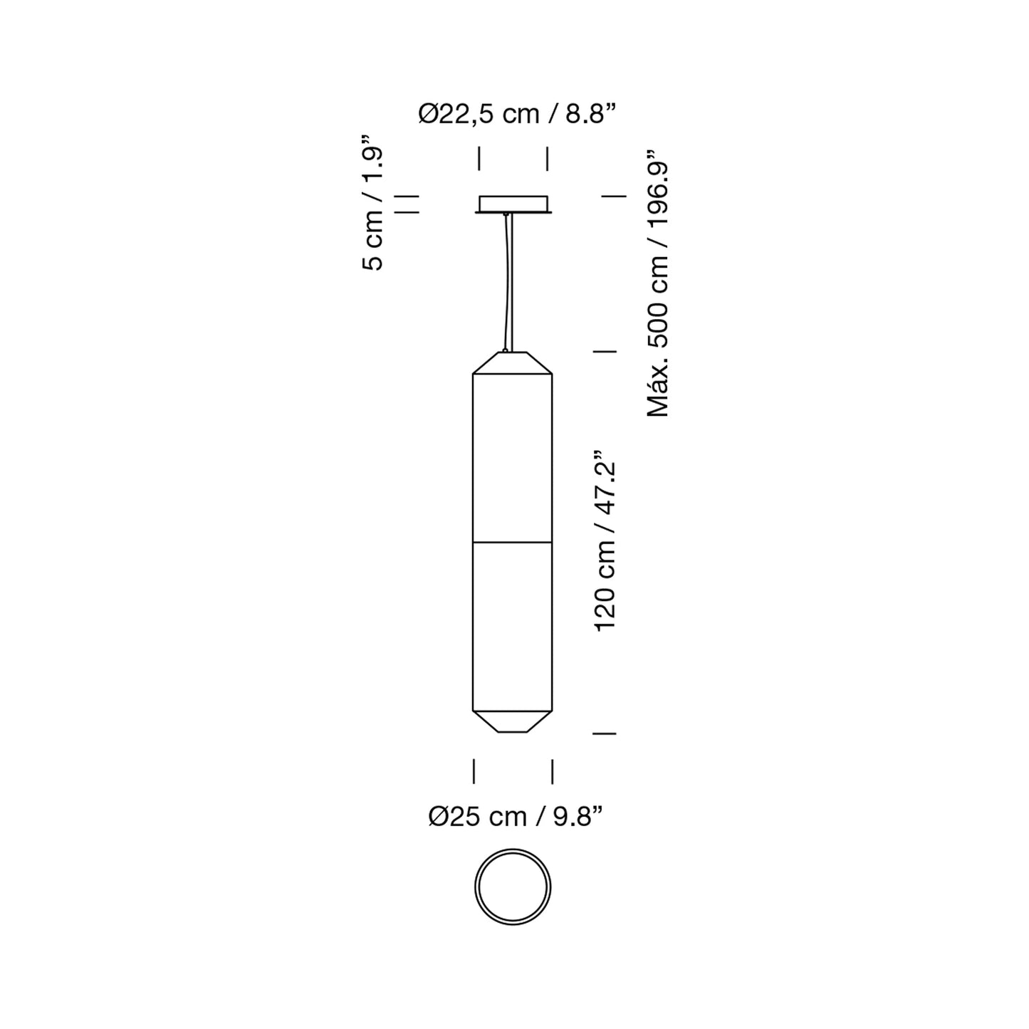 Tekiò Vertical LED Pendant Light - line drawing.