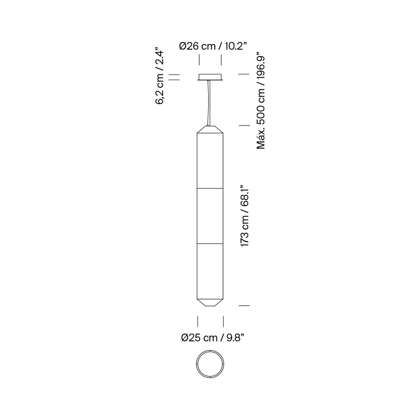 Tekiò Vertical LED Pendant Light - line drawing.