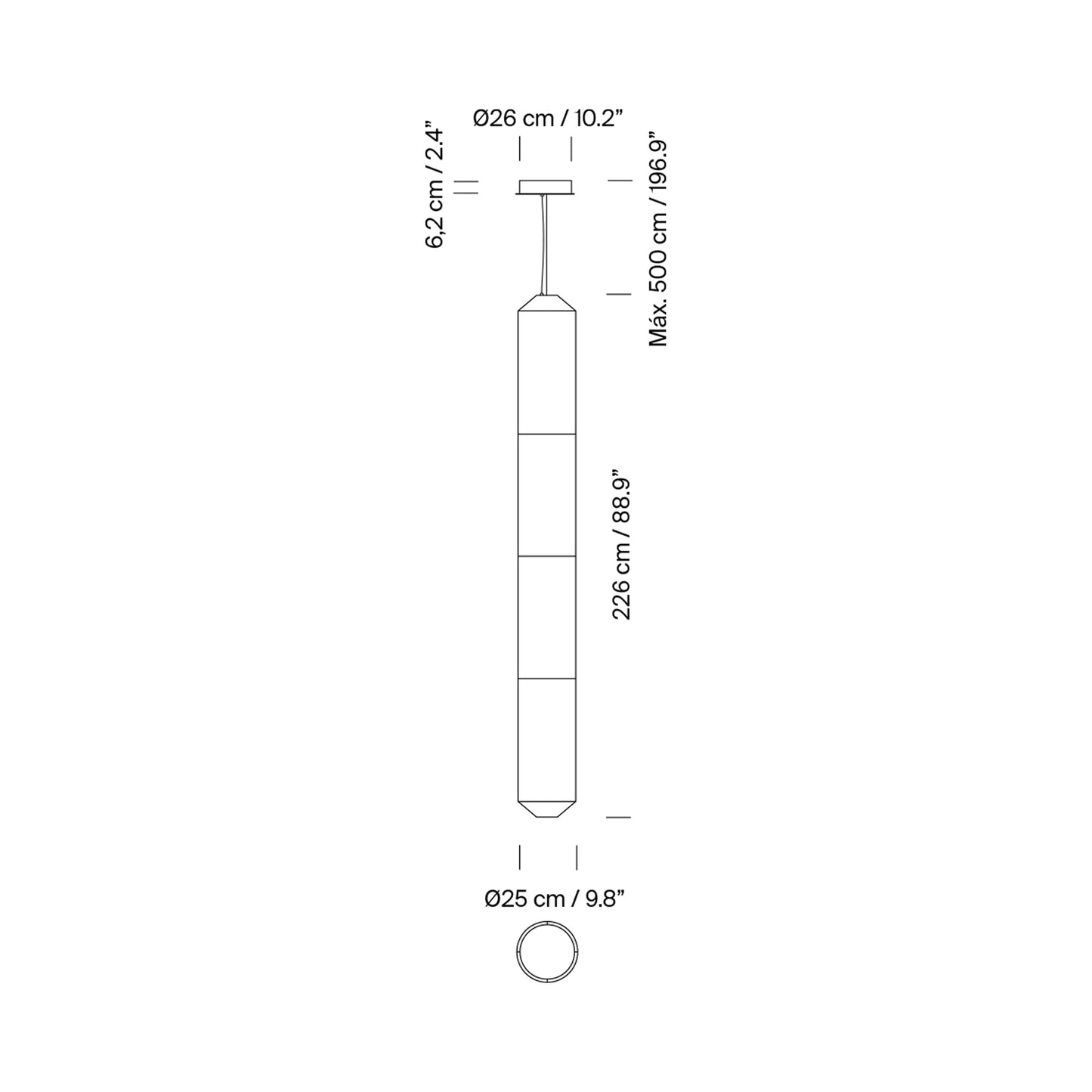 Tekiò Vertical LED Pendant Light - line drawing.