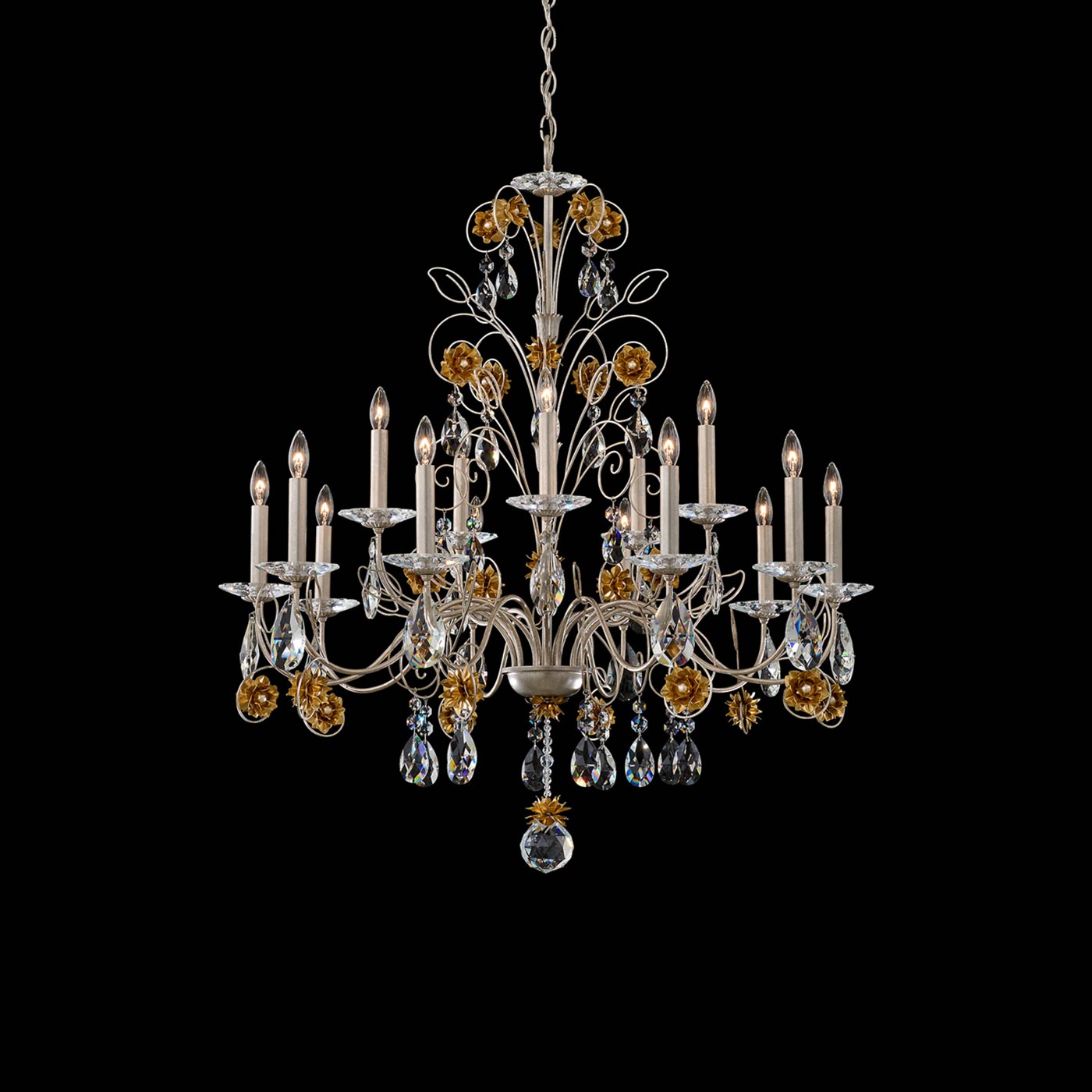 Camellia Chandelier in Antique Silver/Heirloom Gold (15-Light).
