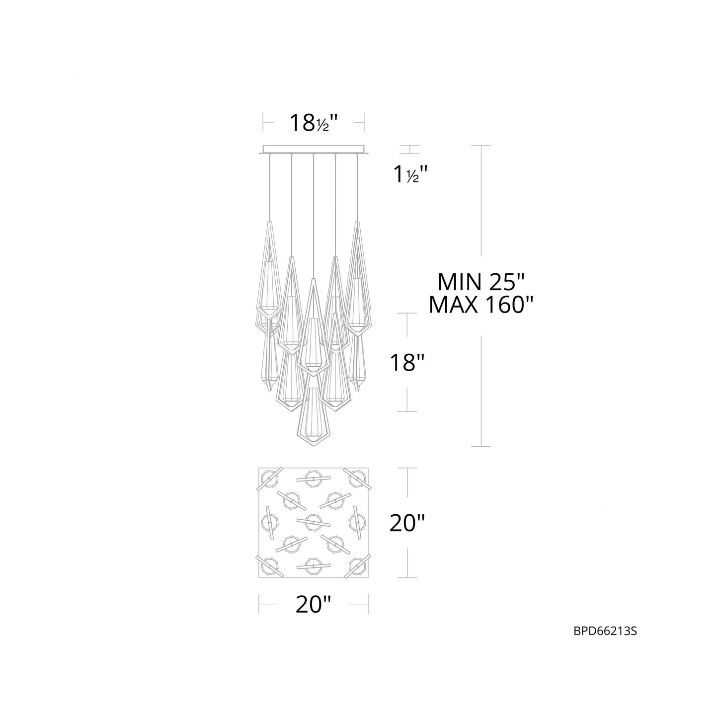 Devotion Square LED Multi Light Pendant Light - line drawing.