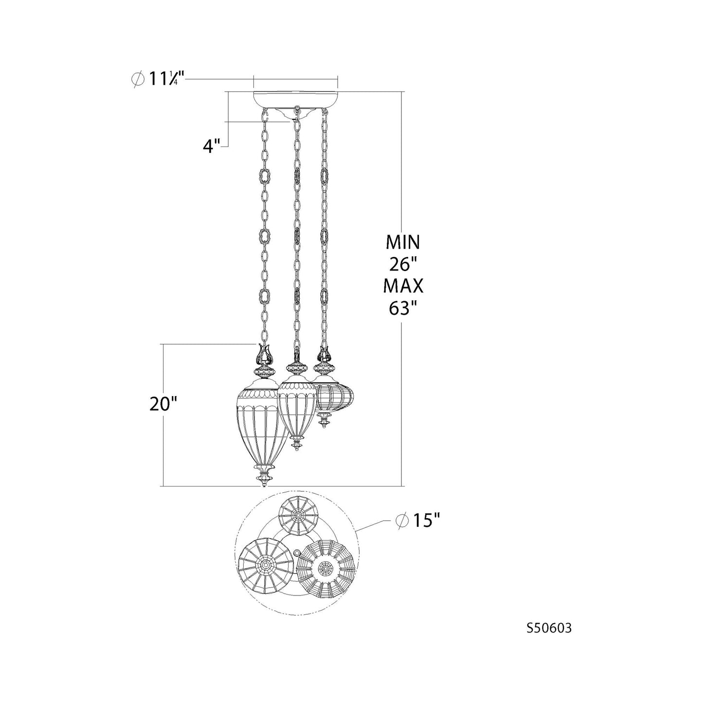 Dyana Multi Light Pendant Light - line drawing.