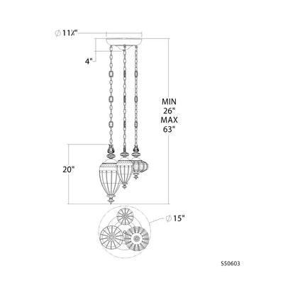 Dyana Multi Light Pendant Light - line drawing.