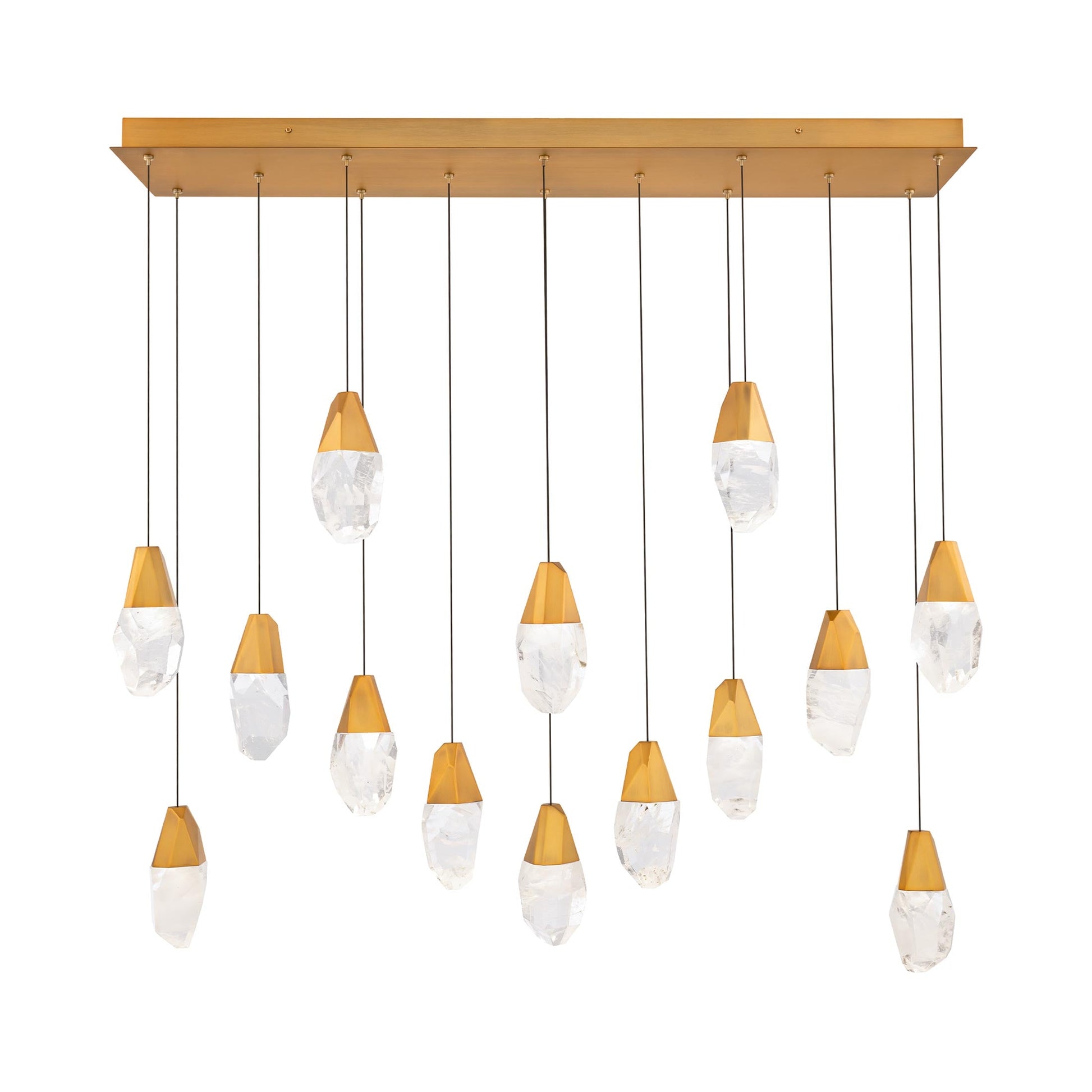 Martini Linear LED Multi Pendant Light in Aged Brass (Optic Haze Quartz/14-Light).