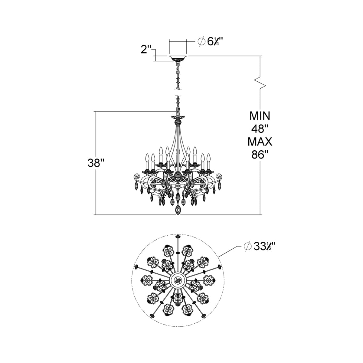 Persephone Chandelier - line drawing.