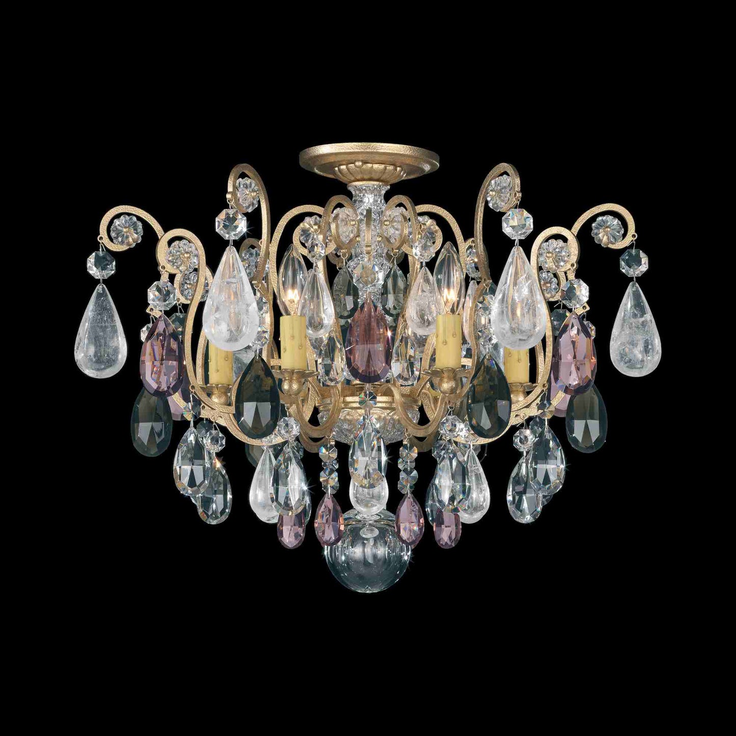 Renaissance Rock Crystal Semi Flush Mount Ceiling Light in Heirloom Gold (Amethyst/Black Diamond Quartz Crystal).