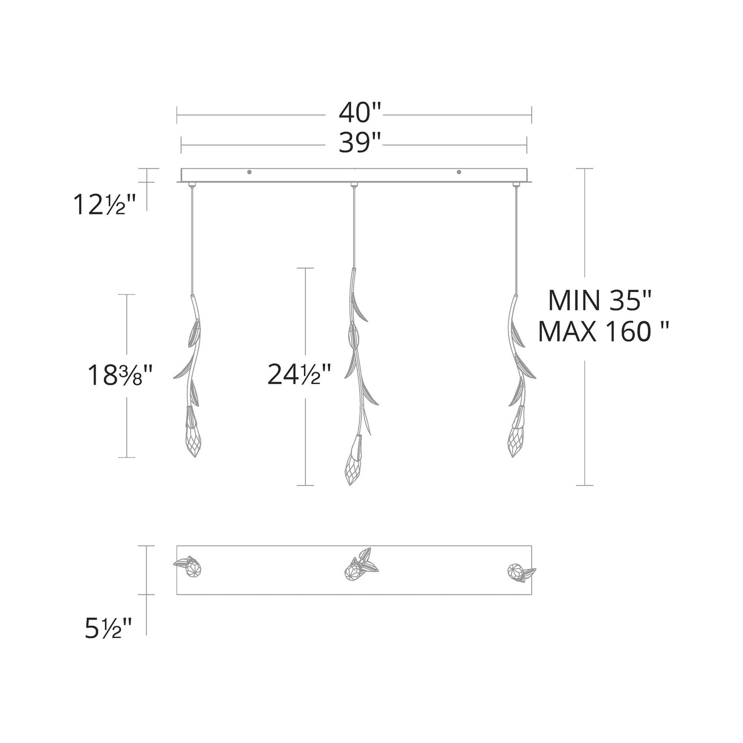 Secret Garden Linear LED Multi Light Pendant Light - line drawing.