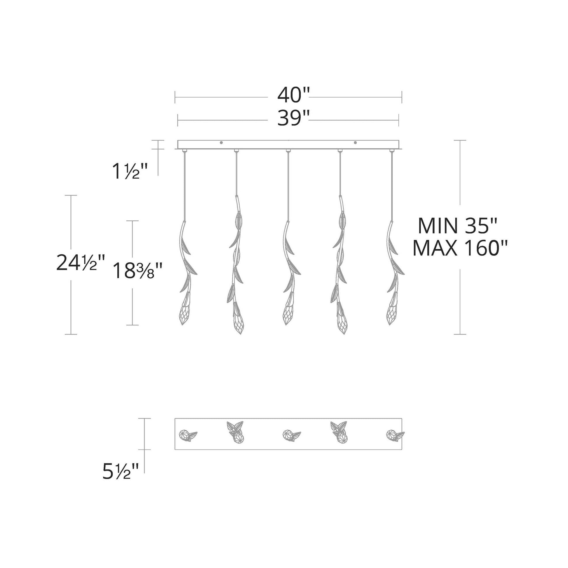 Secret Garden Linear LED Multi Light Pendant Light - line drawing.