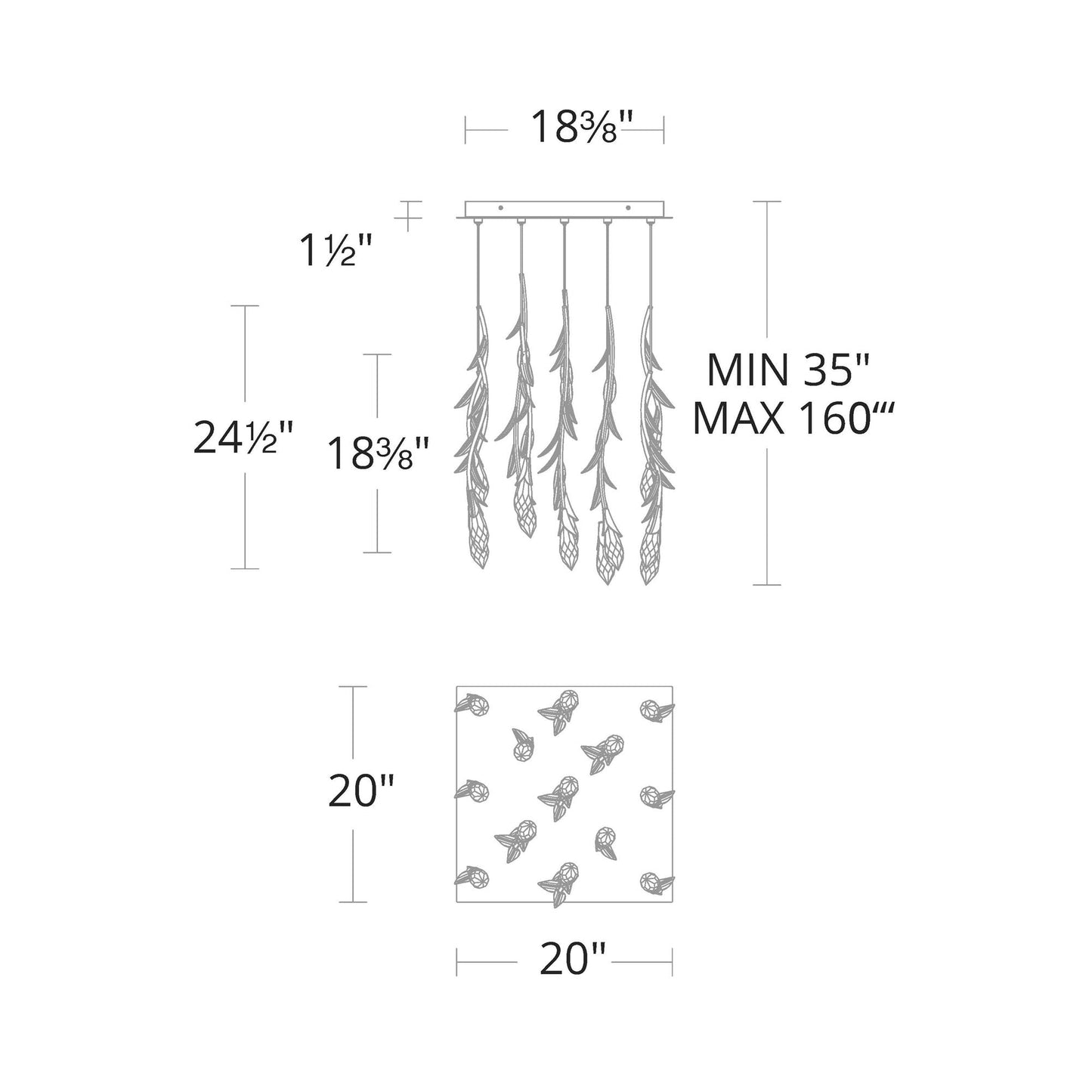 Secret Garden Square LED Multi Light Pendant Light - line drawing.