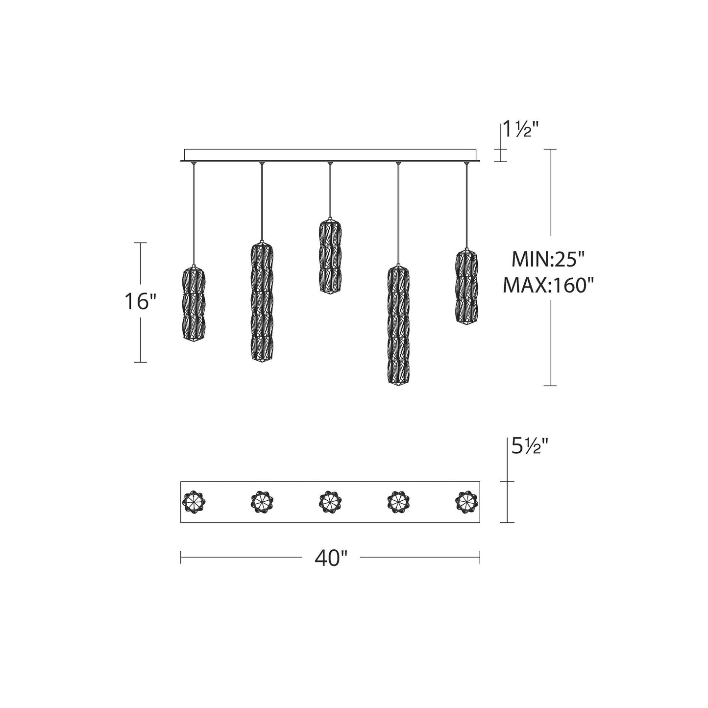 Verve Linear LED Multi Light Pendant Light - line drawing.
