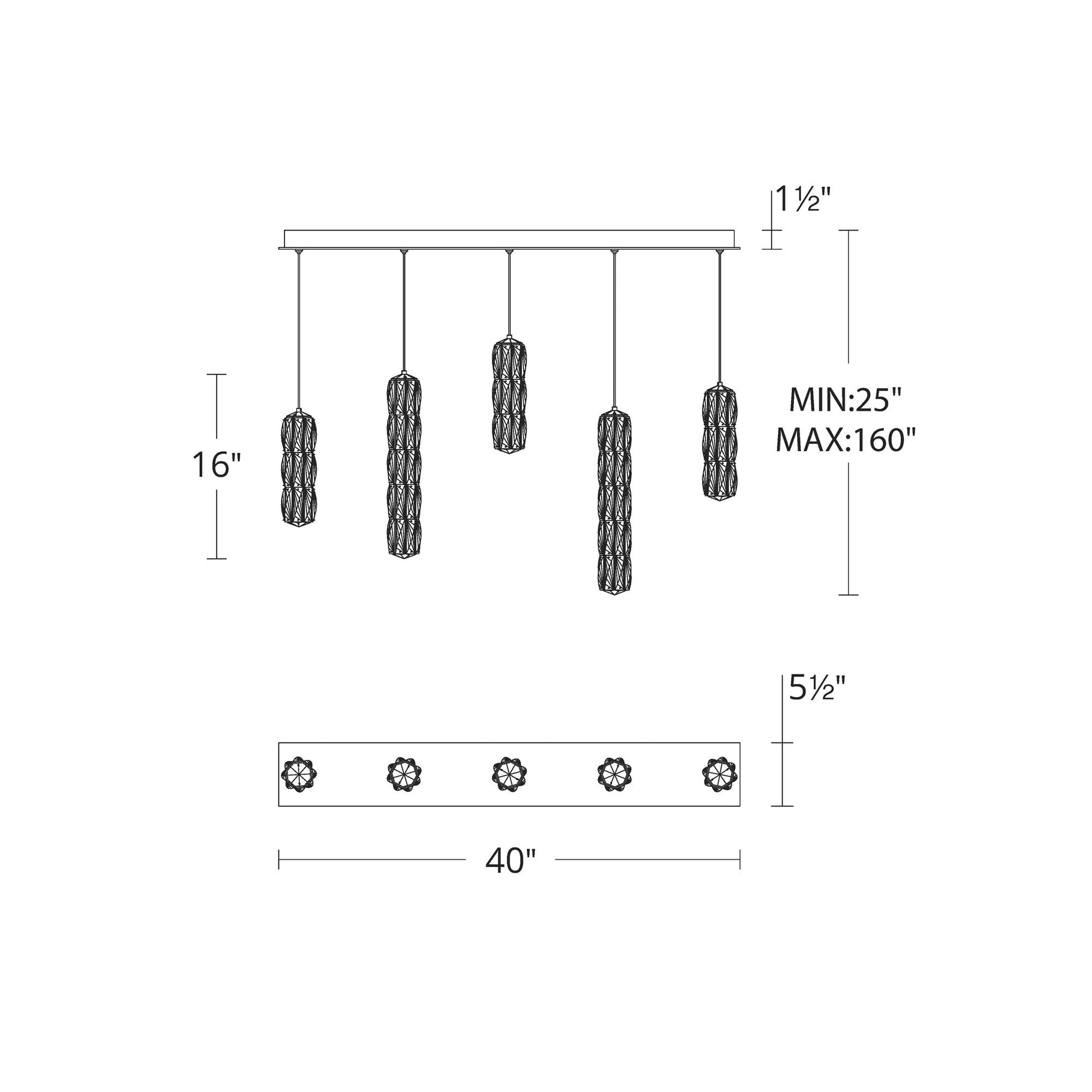 Verve Linear LED Multi Light Pendant Light - line drawing.