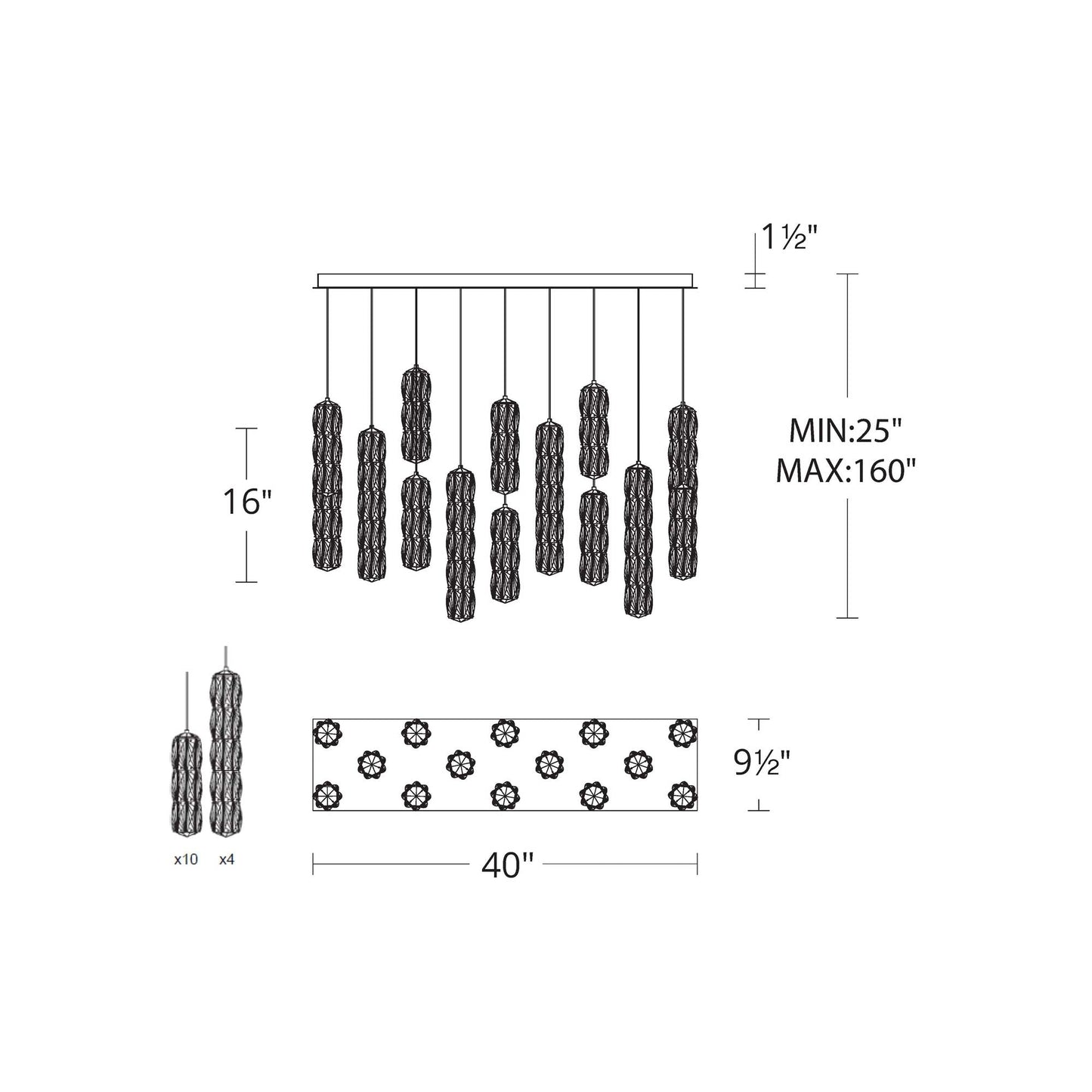 Verve Linear LED Multi Light Pendant Light - line drawing.