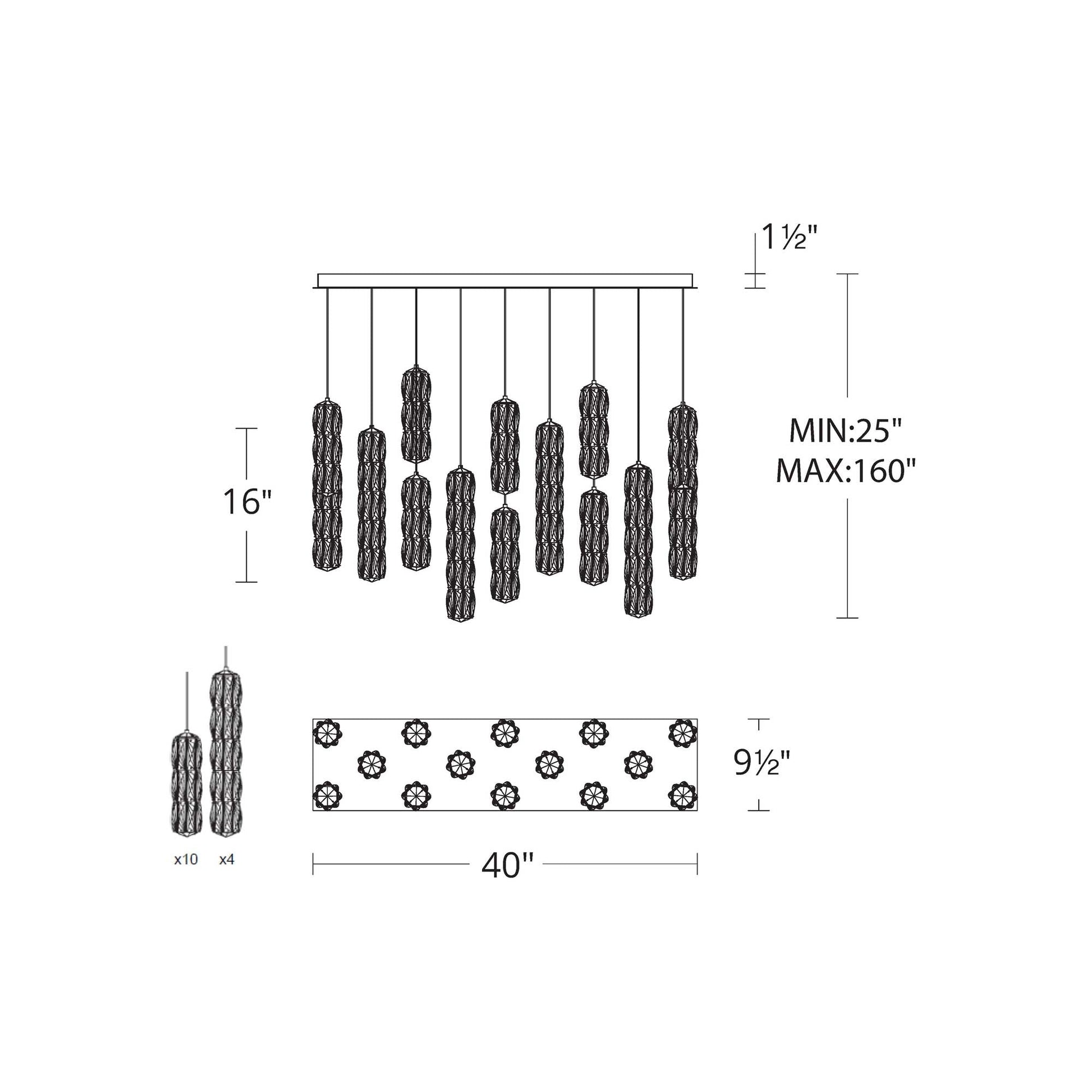 Verve Linear LED Multi Light Pendant Light - line drawing.