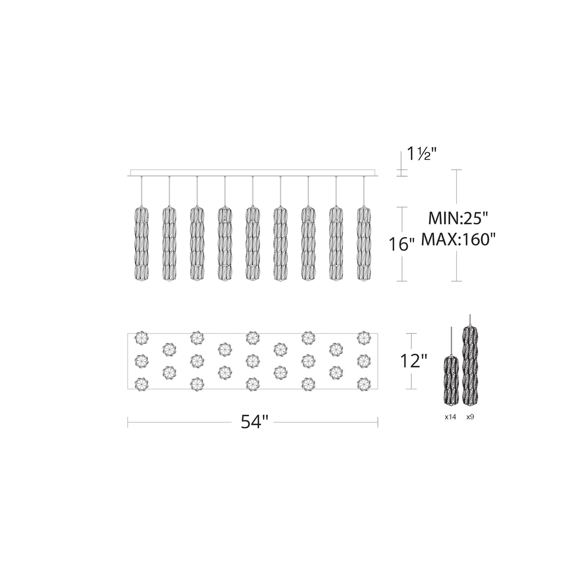 Verve Linear LED Multi Light Pendant Light - line drawing.