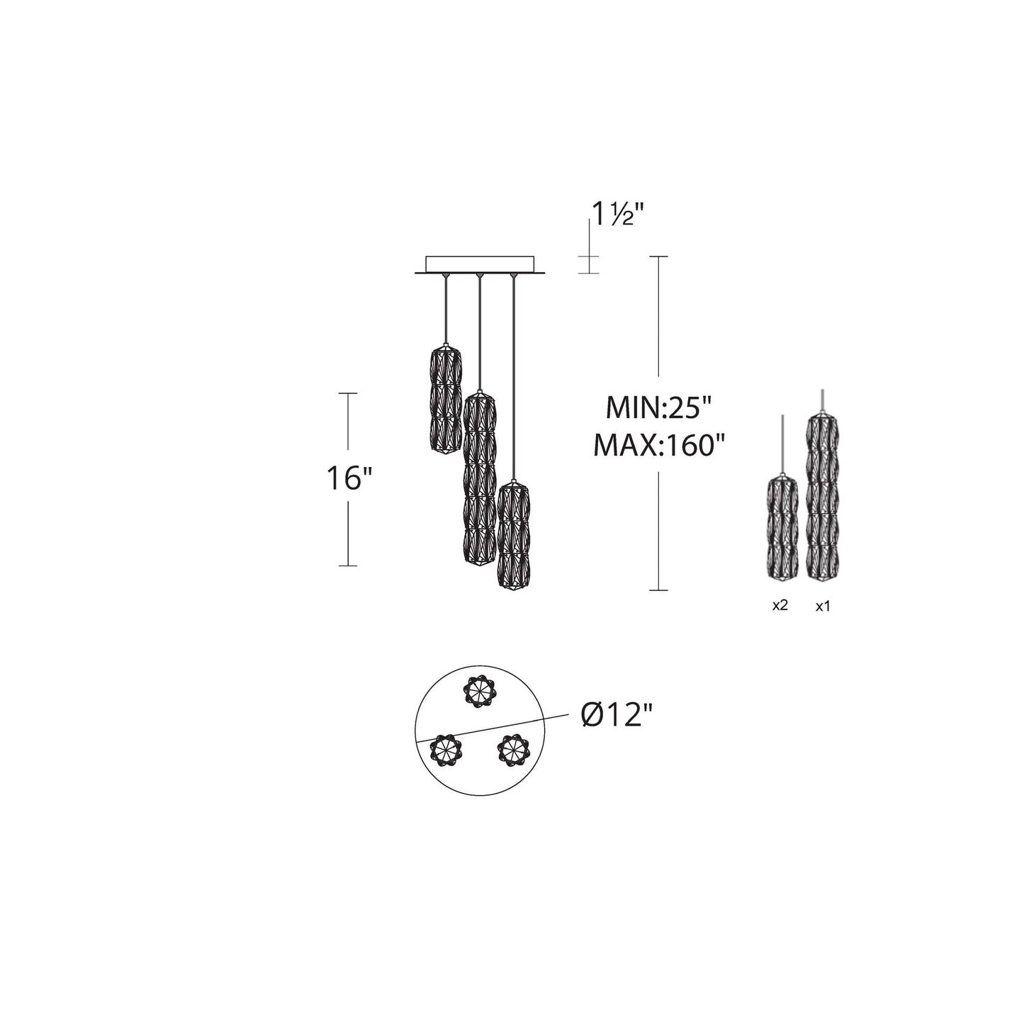 Verve Round LED Multi Light Pendant Light - line drawing.