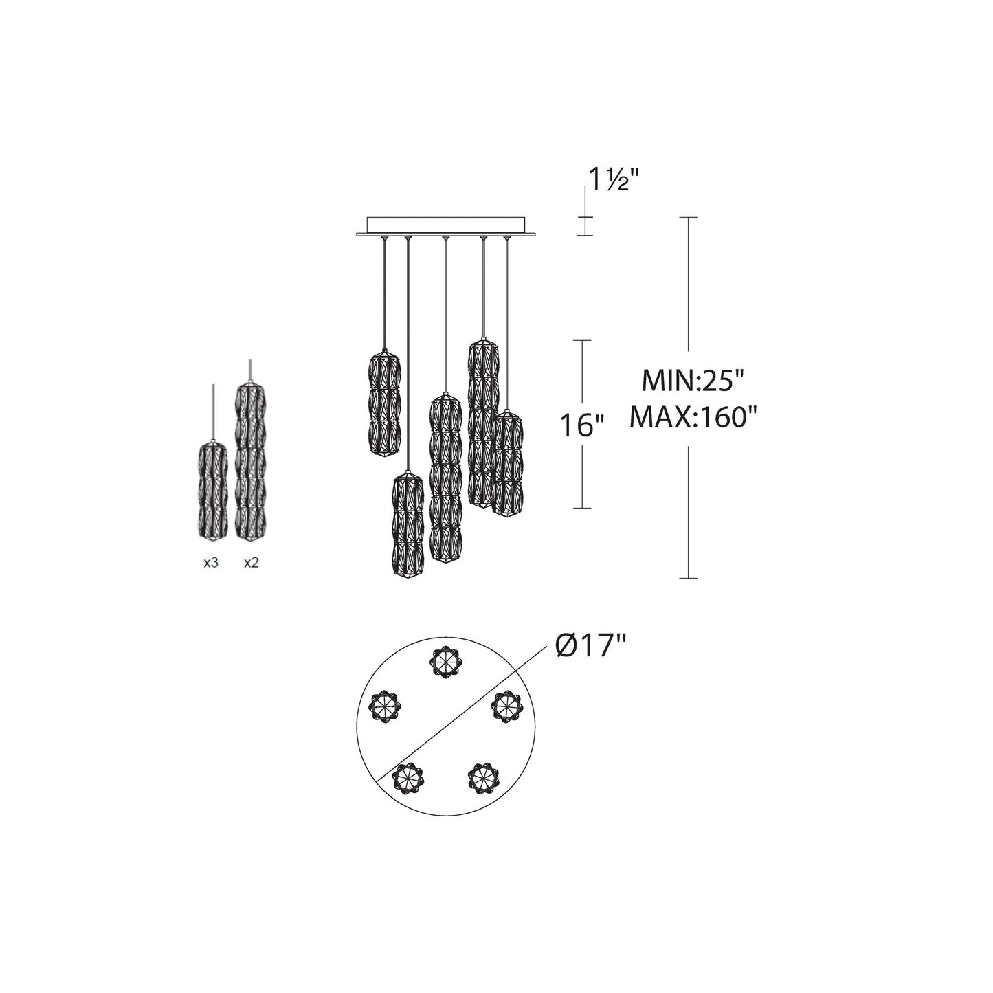 Verve Round LED Multi Light Pendant Light - line drawing.