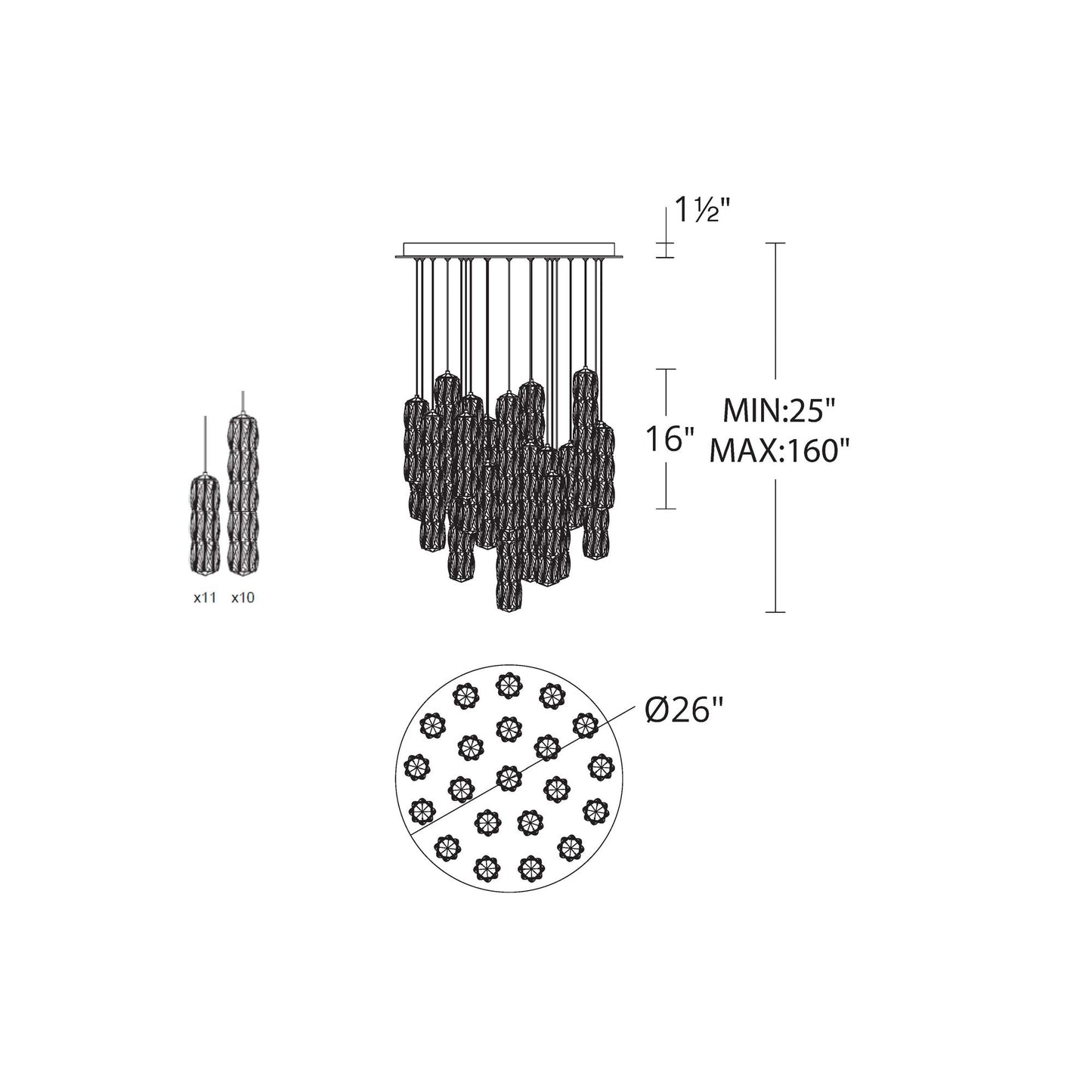 Verve Round LED Multi Light Pendant Light - line drawing.
