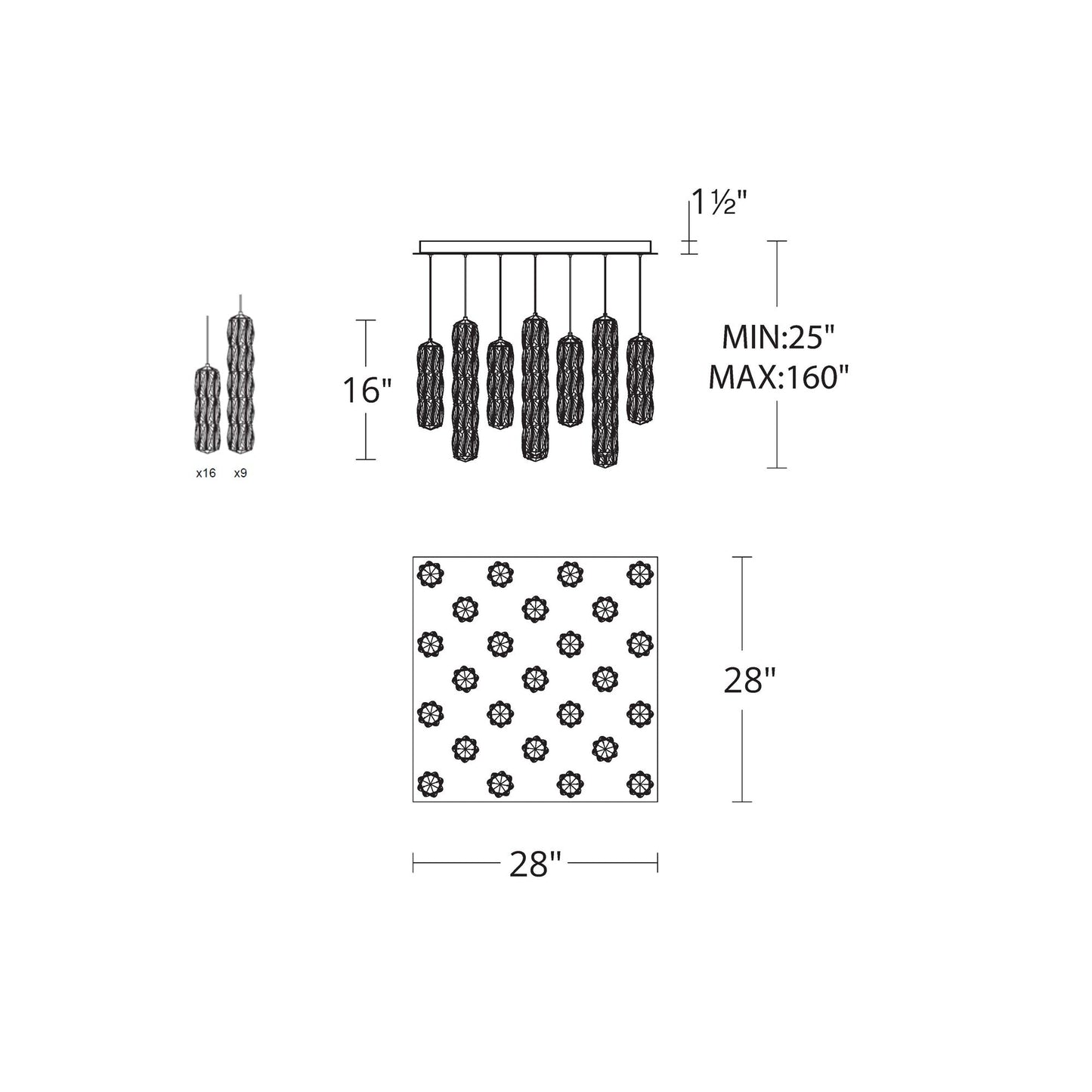 Verve Square LED Multi Light Pendant Light - line drawing.
