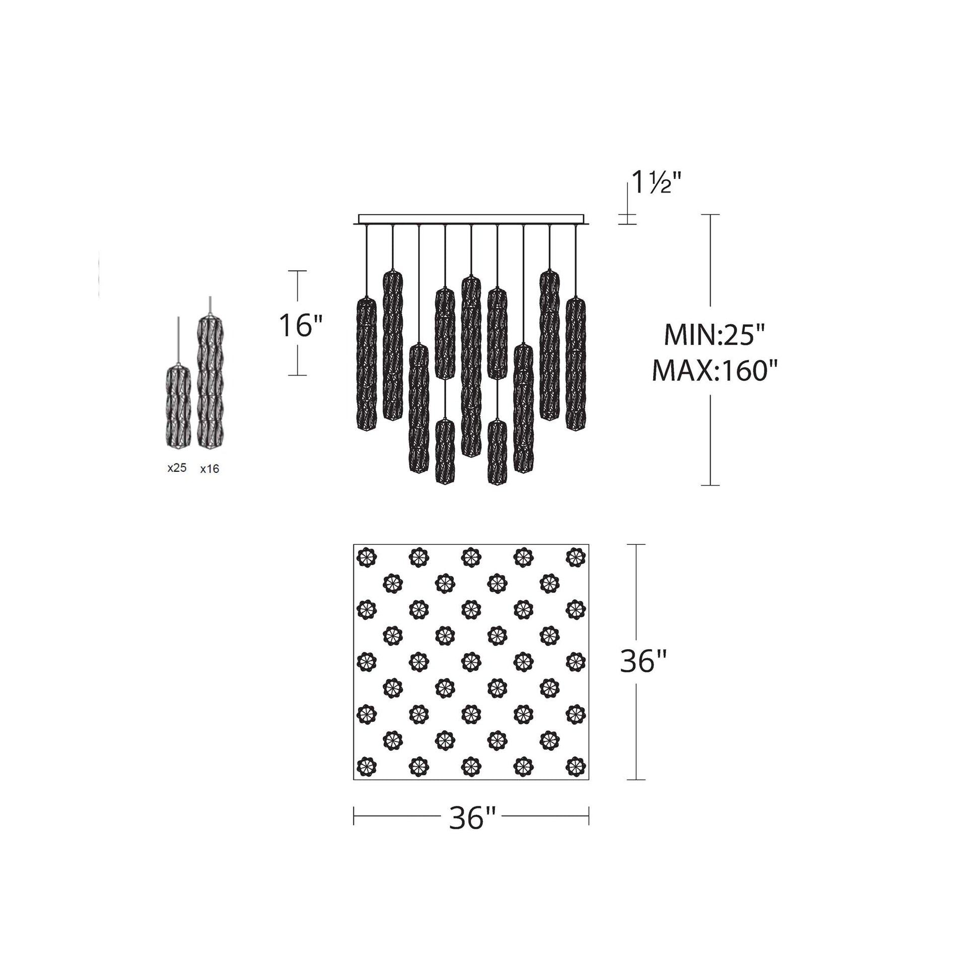 Verve Square LED Multi Light Pendant Light - line drawing.