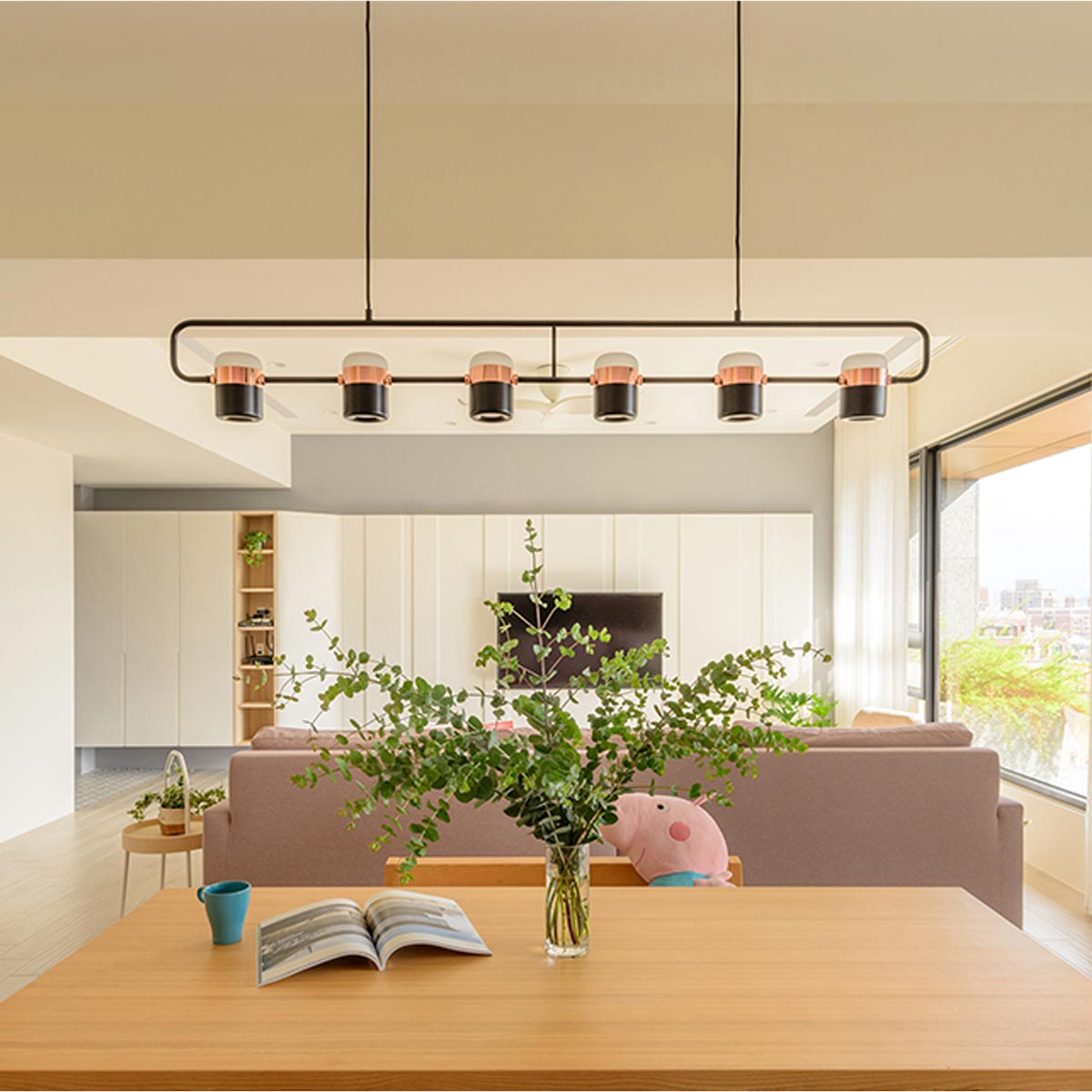 Ling LED Linear Pendant Light in dining room.