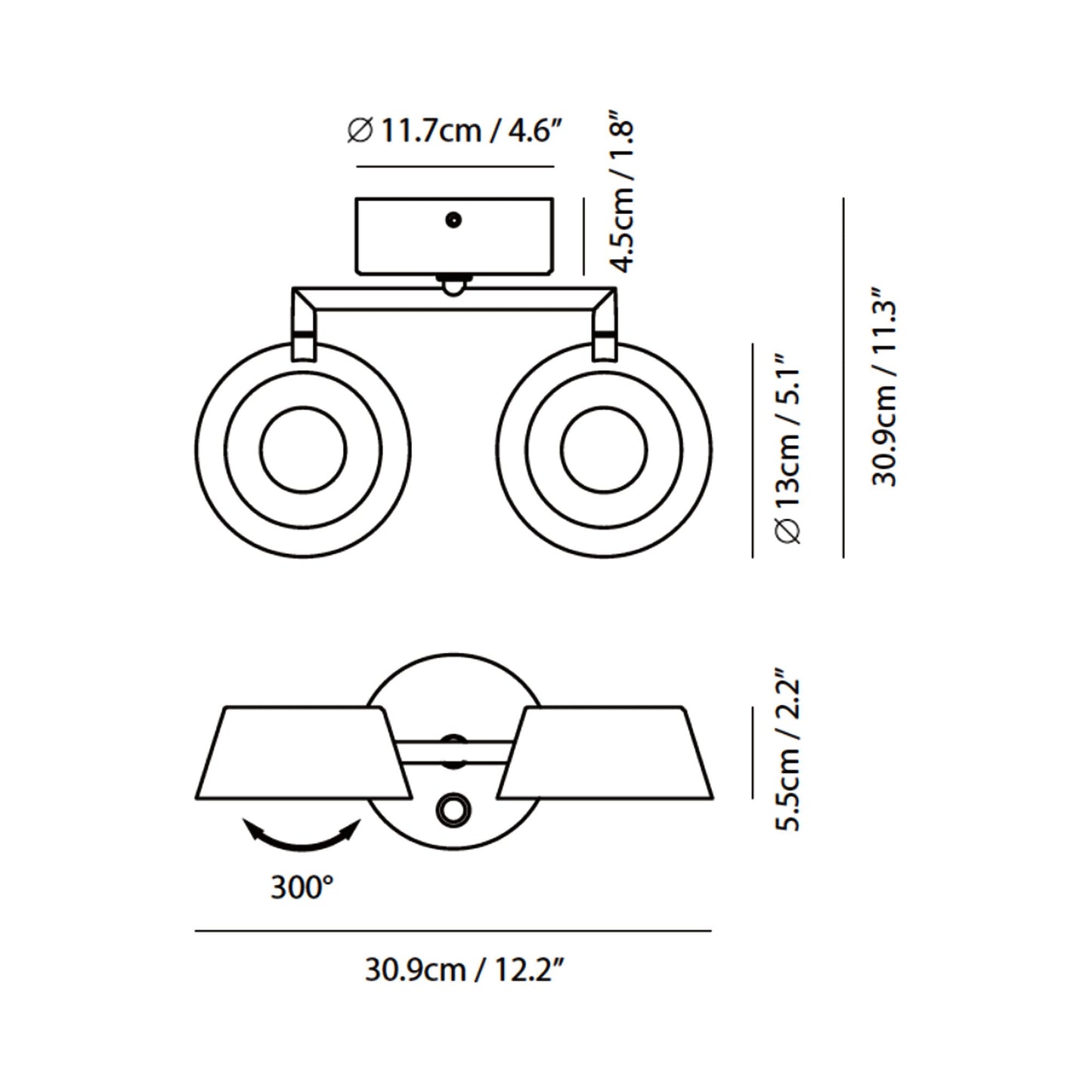 Olo 130WR2 LED Wall Light - line drawing.