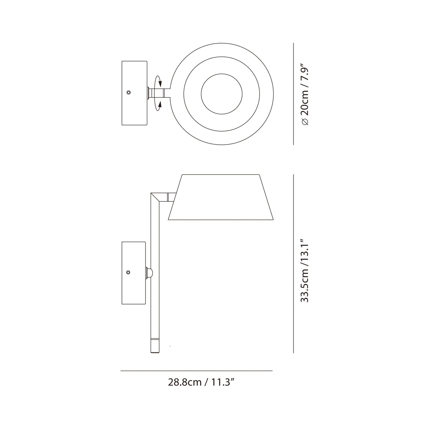 Olo 132WU LED Arm Wall Light - line drawing.