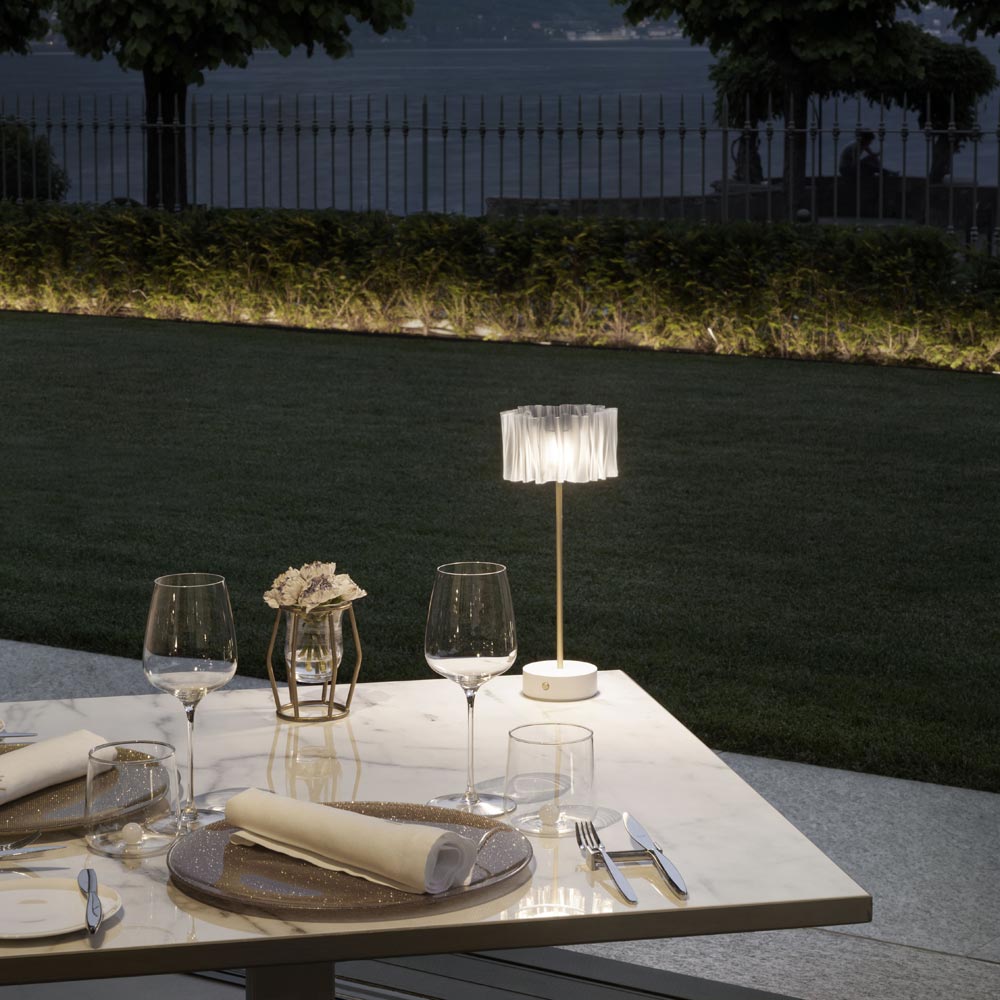 Accordeon Battery LED Table Lamp in Outside Area.