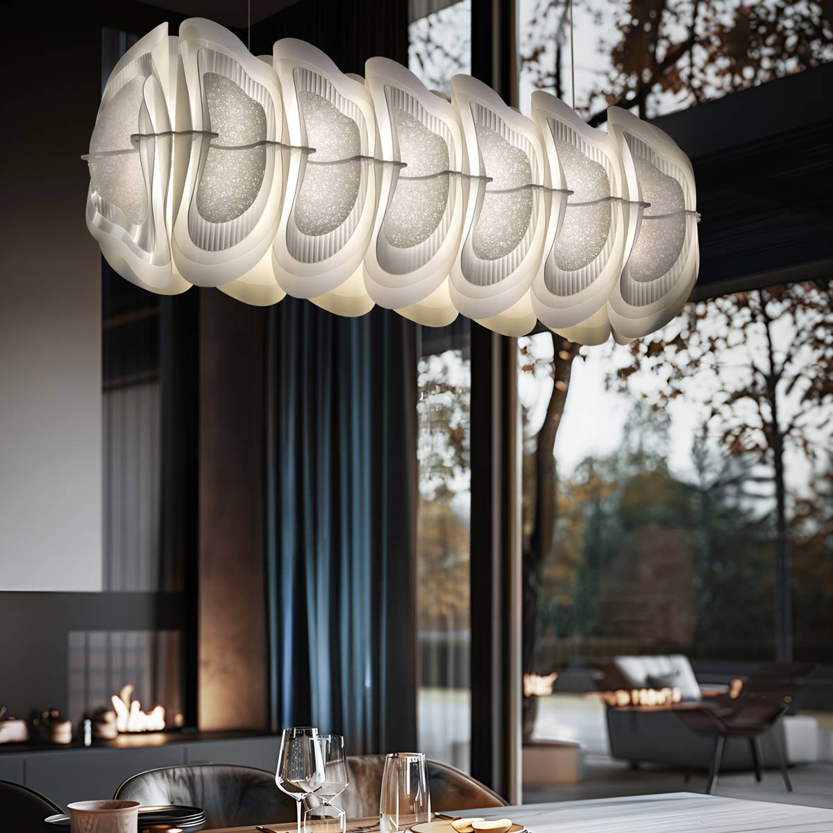 Fiordlys Linear LED Pendant Light in dining room.