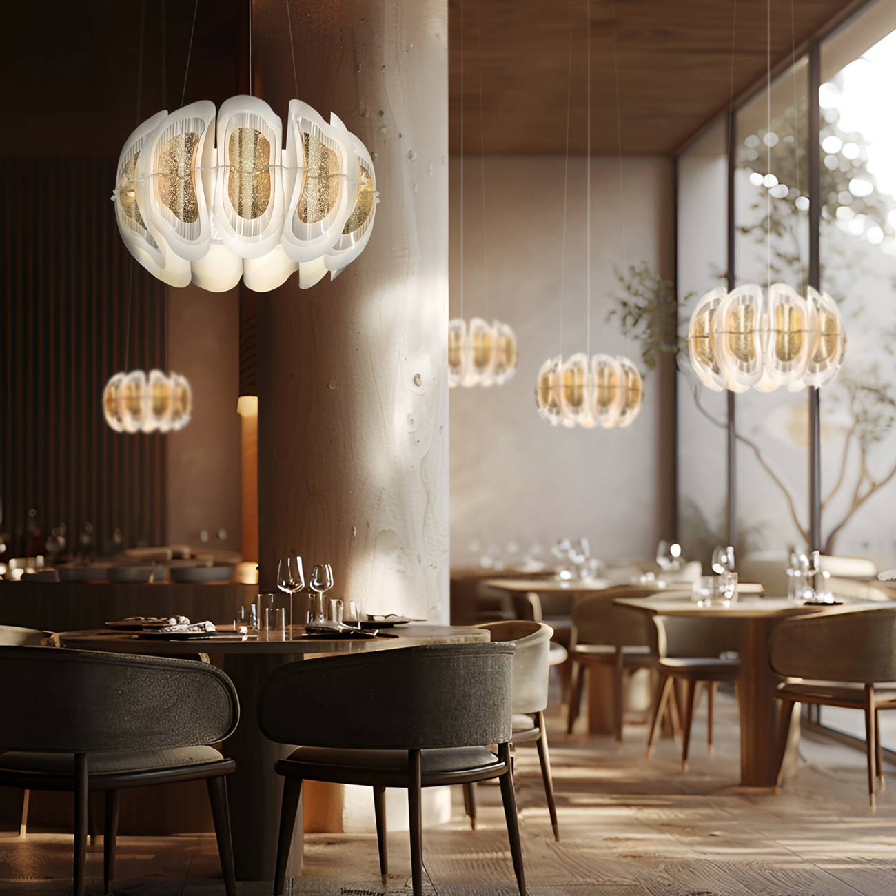 Fiordlys Round LED Pendant Light in restaurant.
