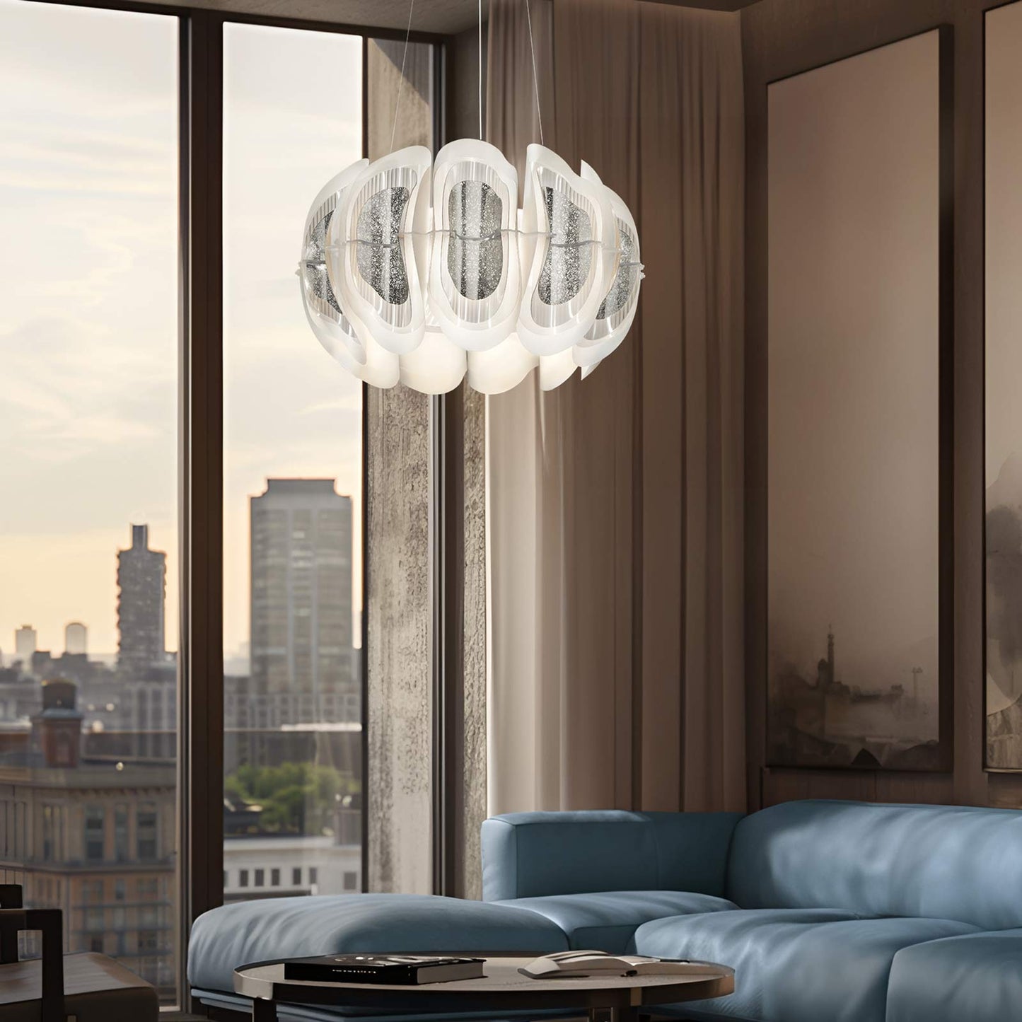 Fiordlys Round LED Pendant Light in living room.