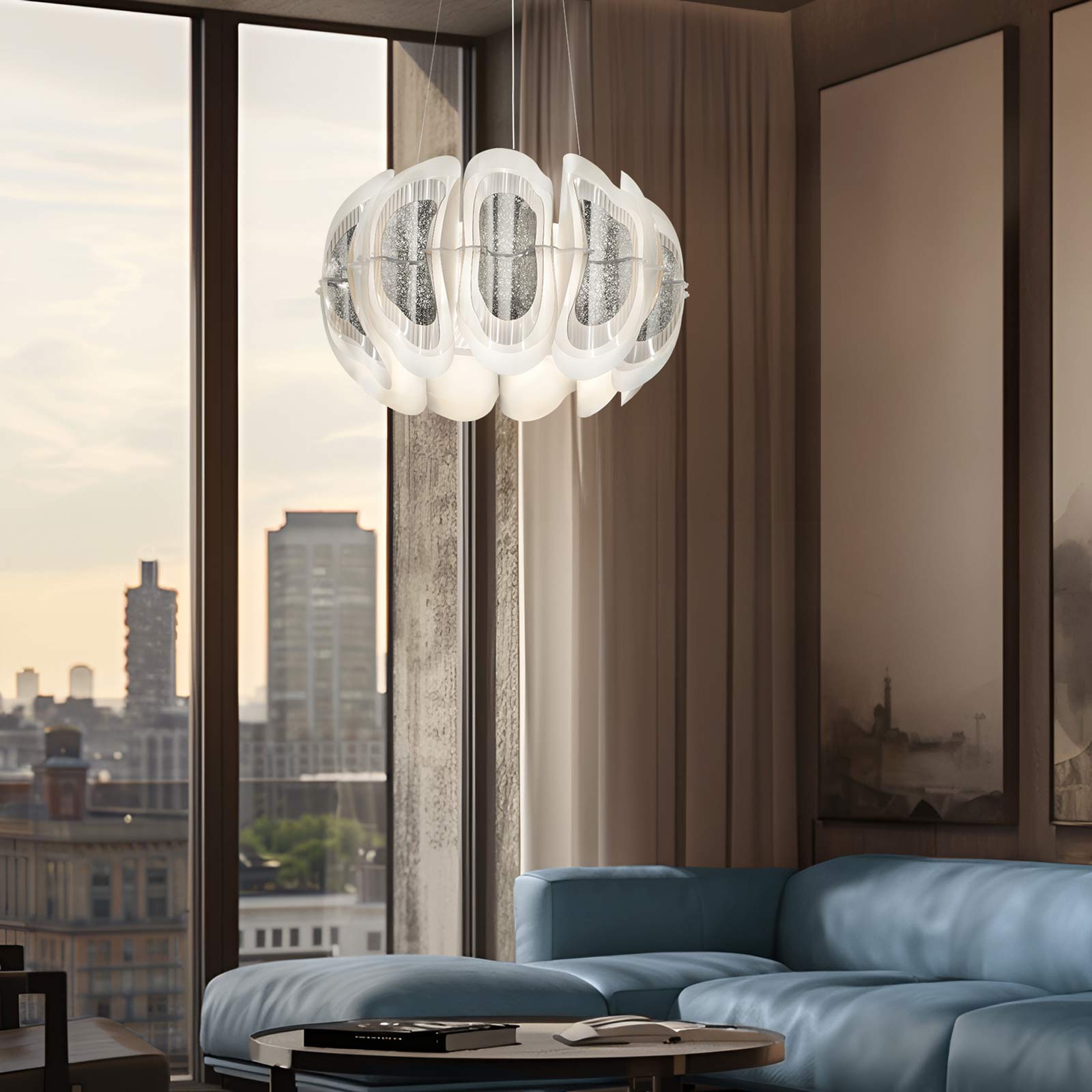 Fiordlys Round LED Pendant Light in living room.