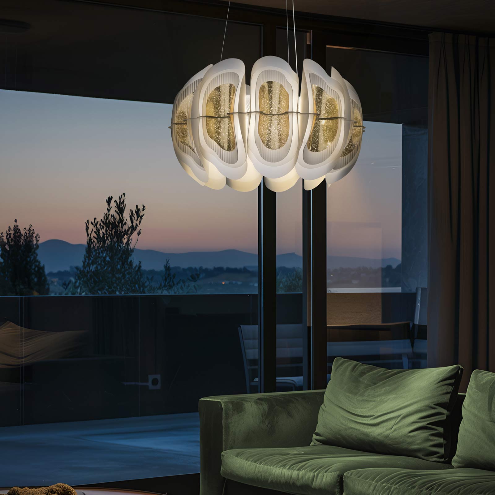 Fiordlys Round LED Pendant Light in living room.