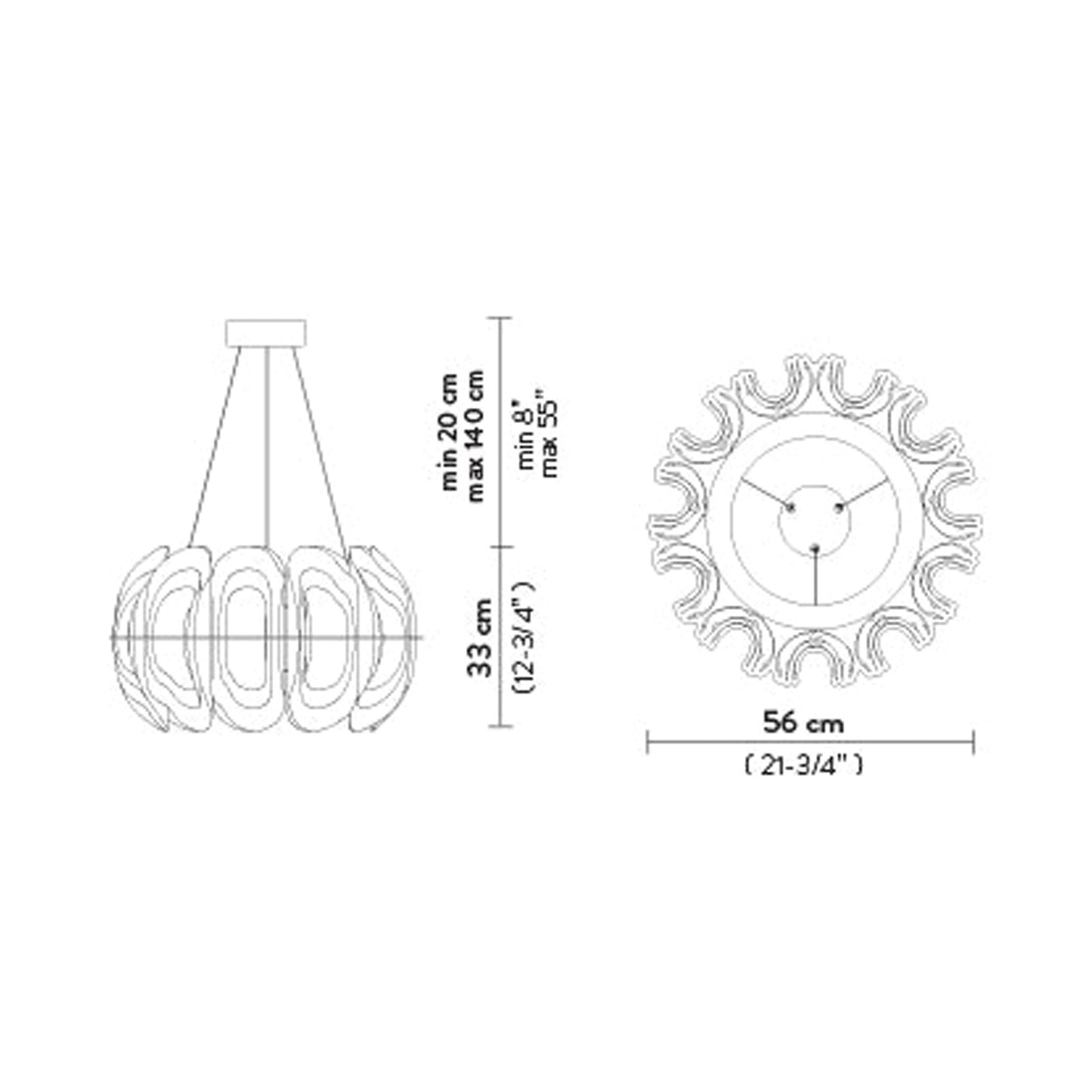 Fiordlys Round LED Pendant Light - line drawing.