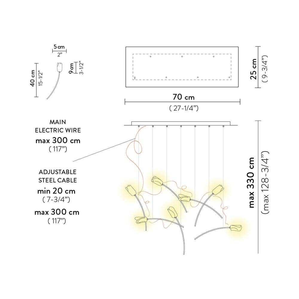 Tulip LED Linear Pendant Light - line drawing.