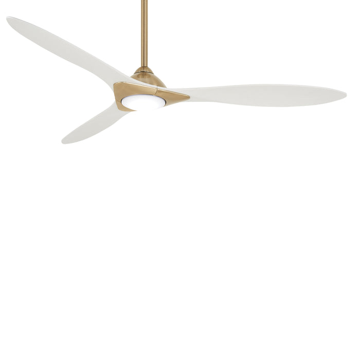 Sleek LED Ceiling Fan in Soft Brass/Flat White.