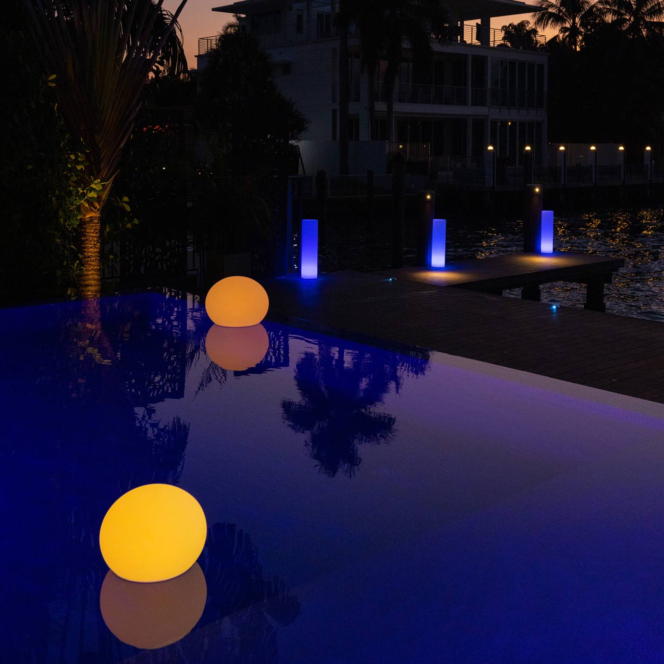 Flatball Floating Bluetooth Outdoor LED Lamp in Outside Area.