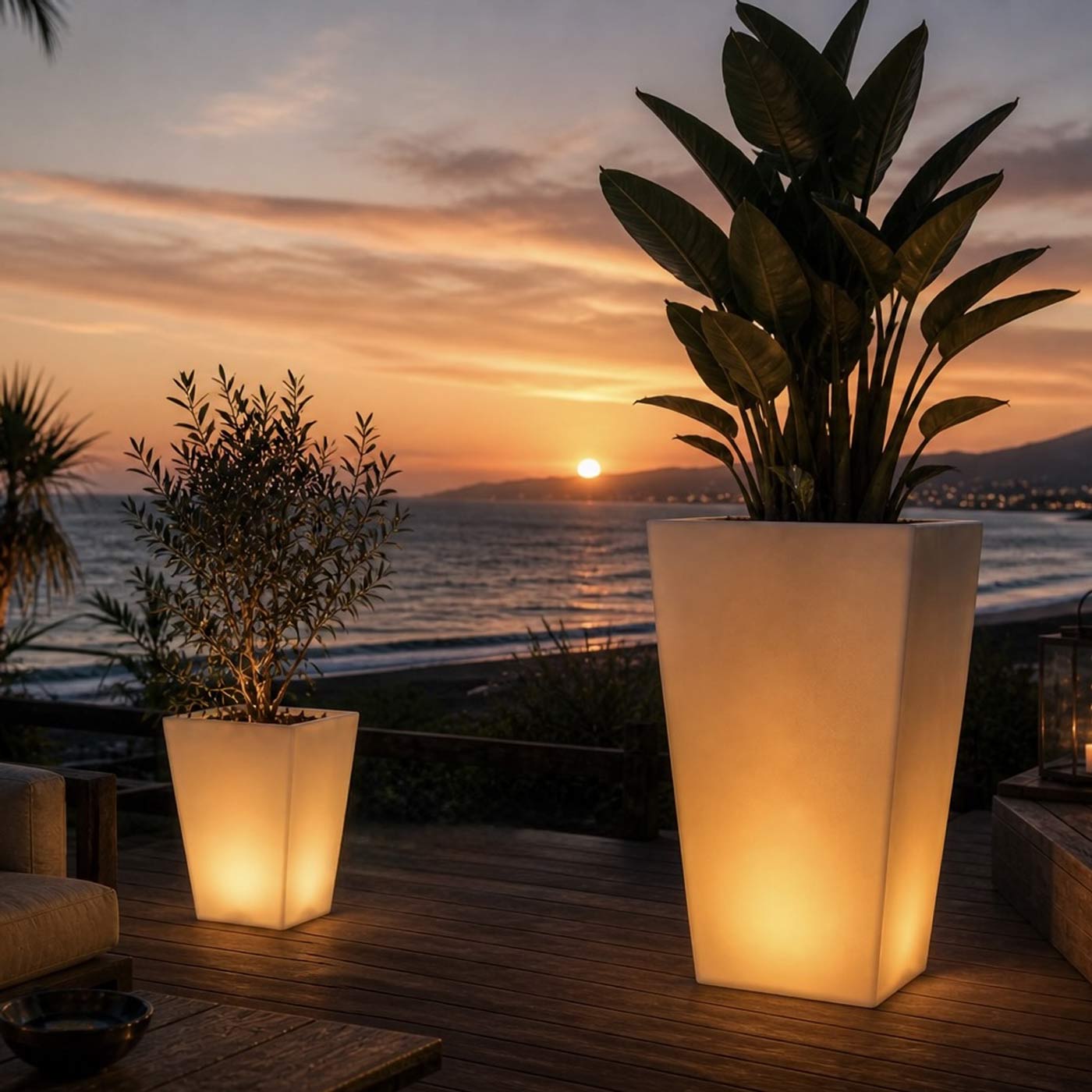 Rumba Bluetooth Outdoor LED Planter in Outside Area.