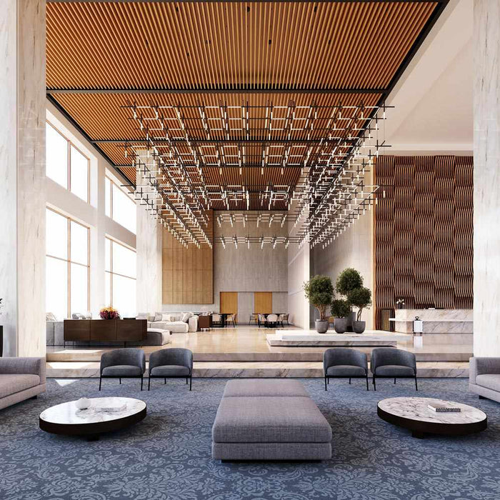 Labyrinth Square LED Pendant Light in lobby.