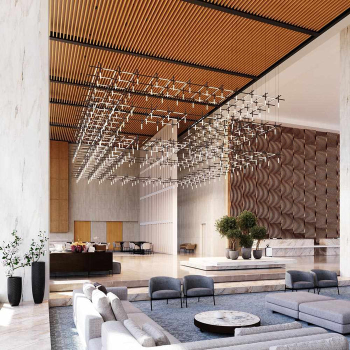 Labyrinth Square LED Pendant Light in lobby.