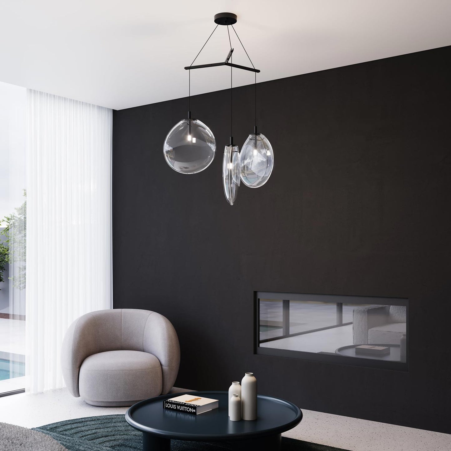 Cantina 3-Light Tri-Spreader LED Pendant Light in living room.