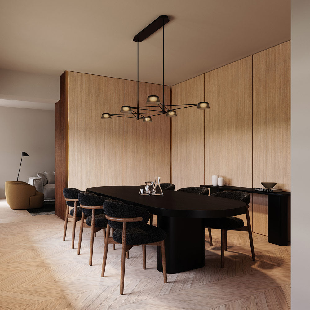 Ray Linear LED Chandelier in dining room.