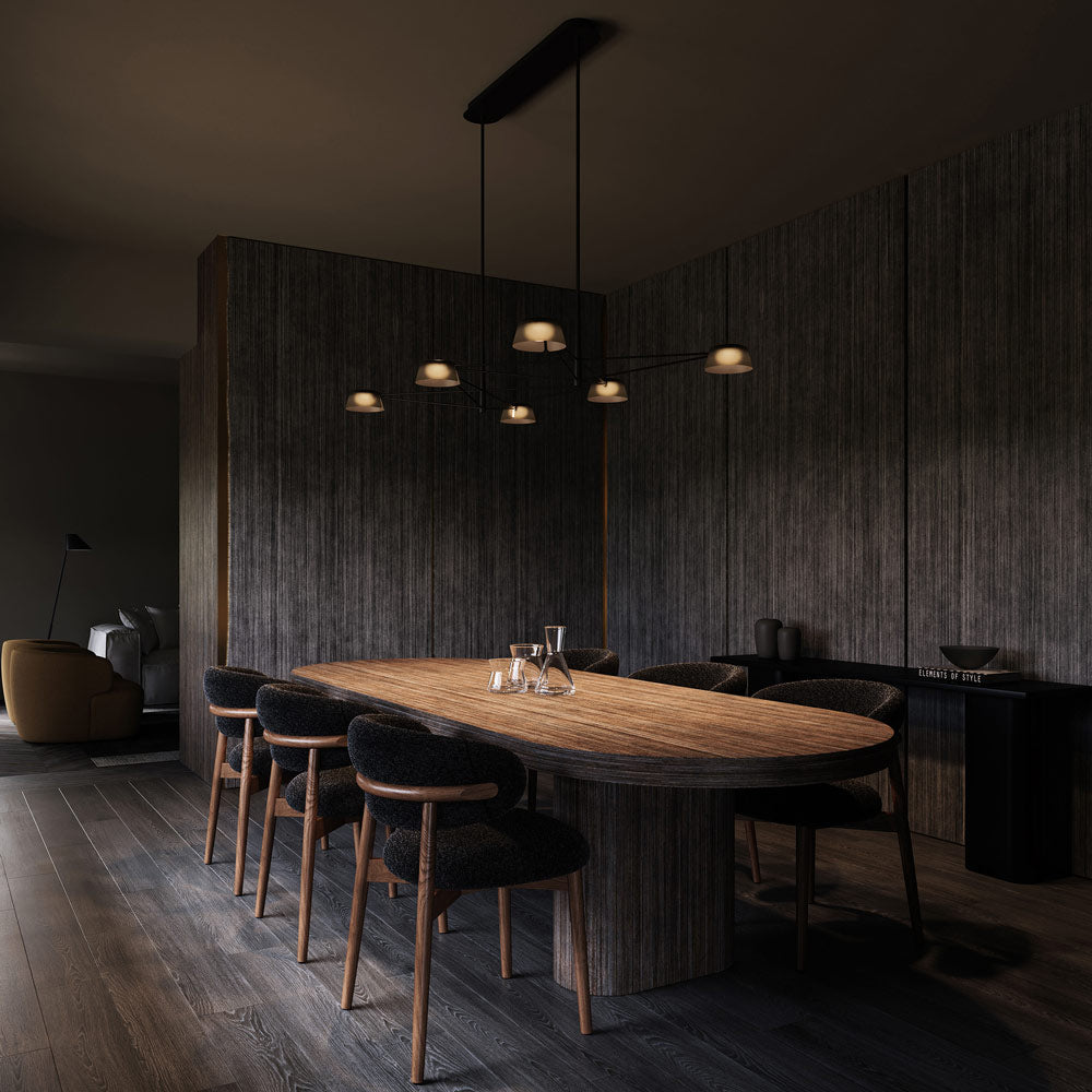 Ray Linear LED Chandelier in dining room.