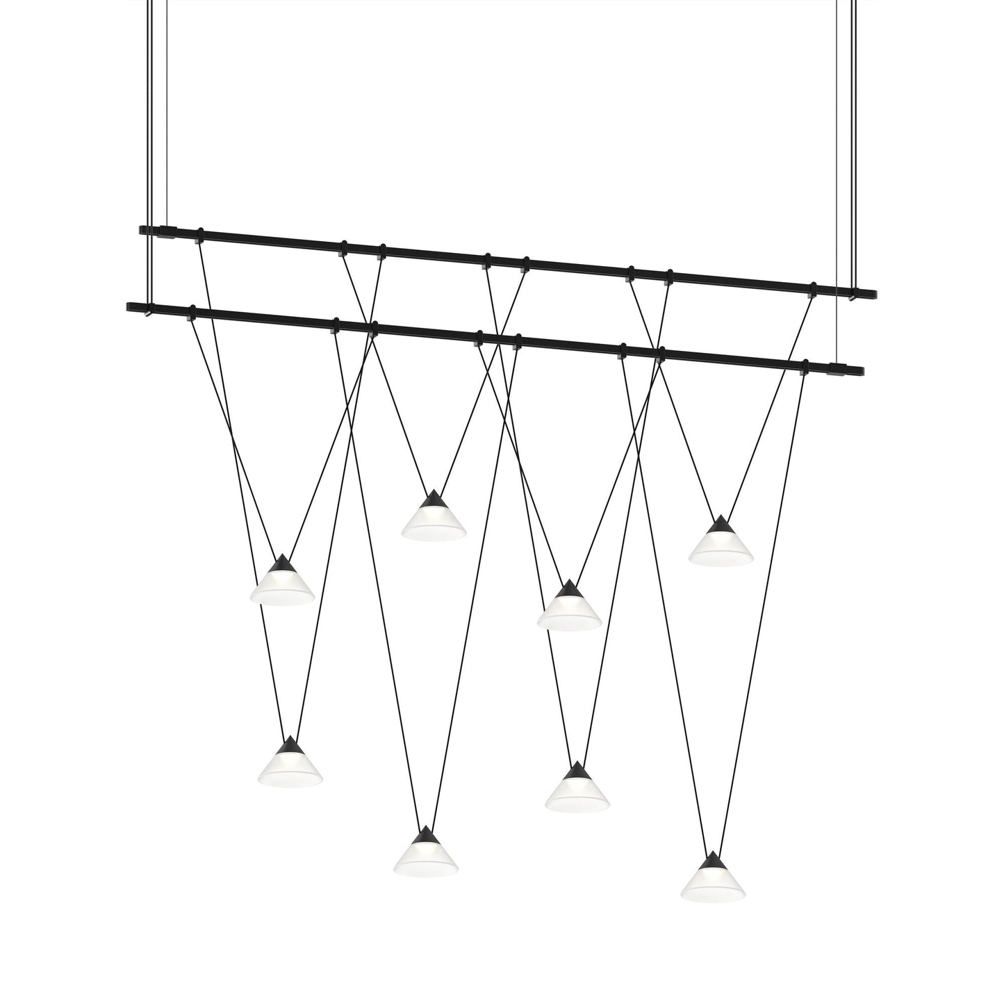 Suspenders® 1-Tier Linear Etched Glass Cone LED Chandelier in Satin Black.