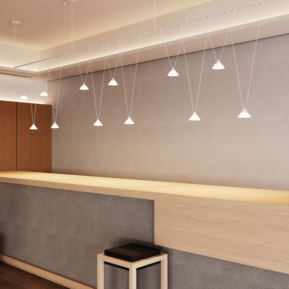 Suspenders® 1-Tier Linear Etched Glass Cone LED Chandelier in dining room.