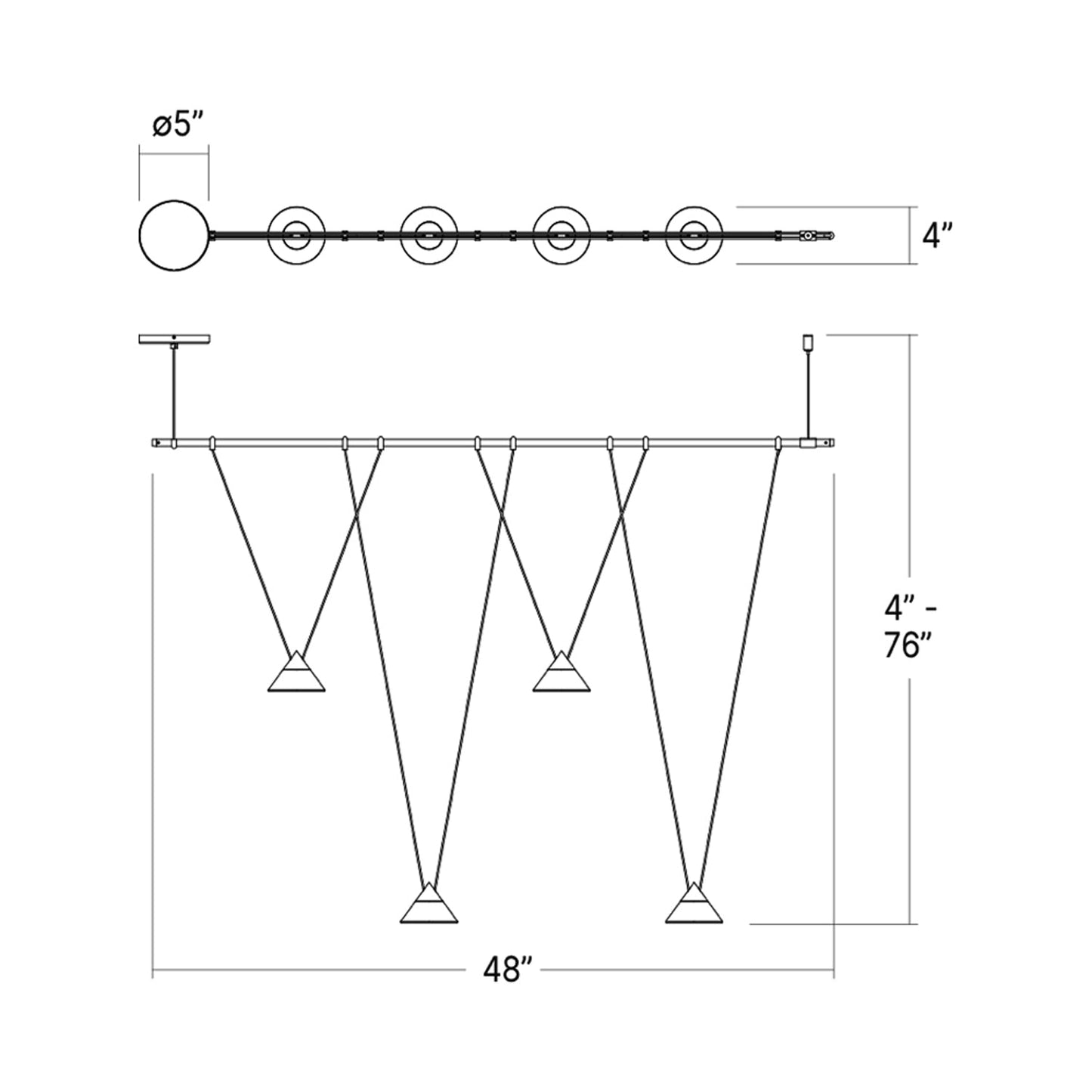 Suspenders® 1-Tier Linear Etched Glass Cone LED Chandelier - line drawing.
