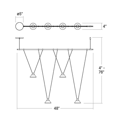 Suspenders® 1-Tier Linear Etched Glass Cone LED Chandelier - line drawing.