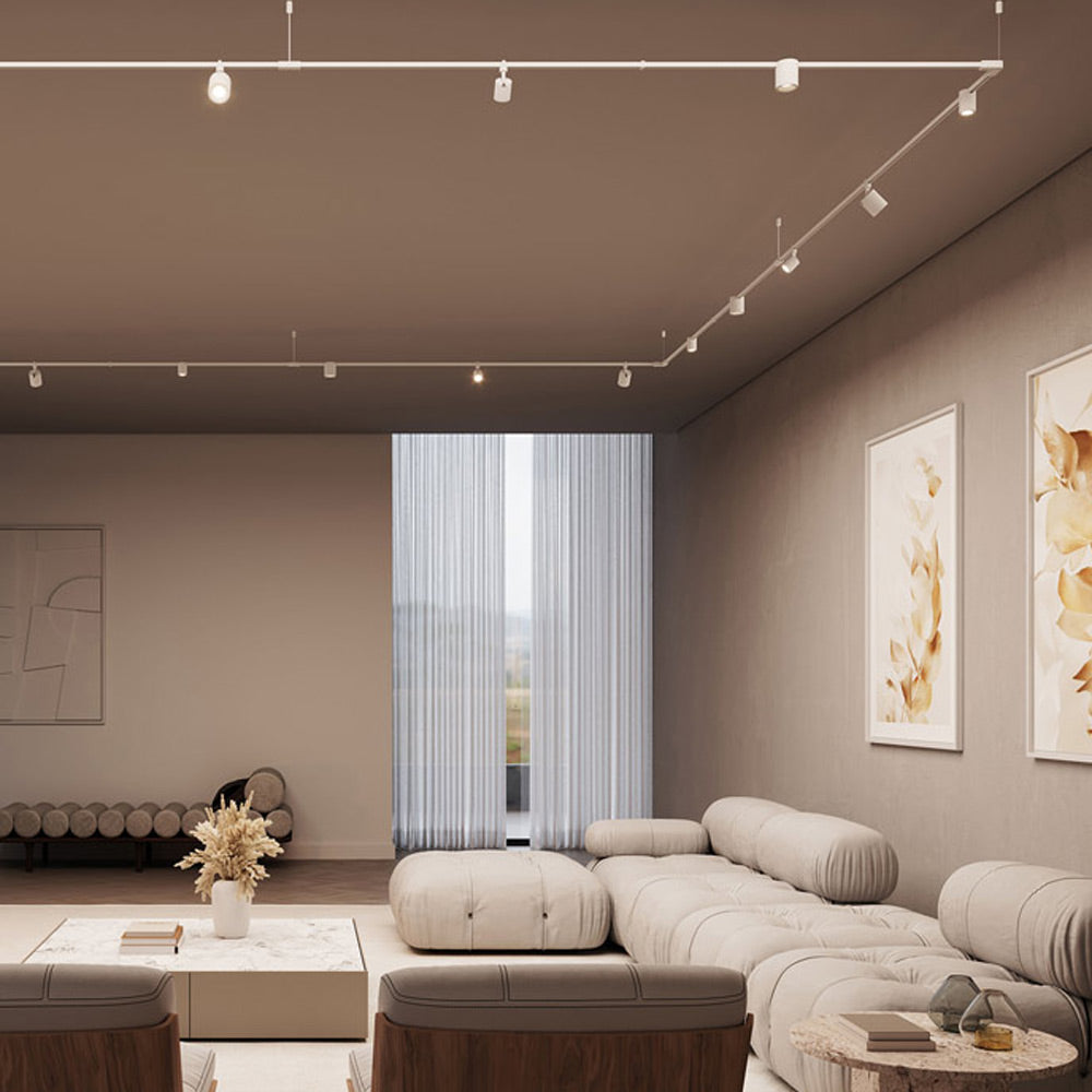 Suspenders® 1-Tier Path Square Cylinder LED Chandelier in living room.