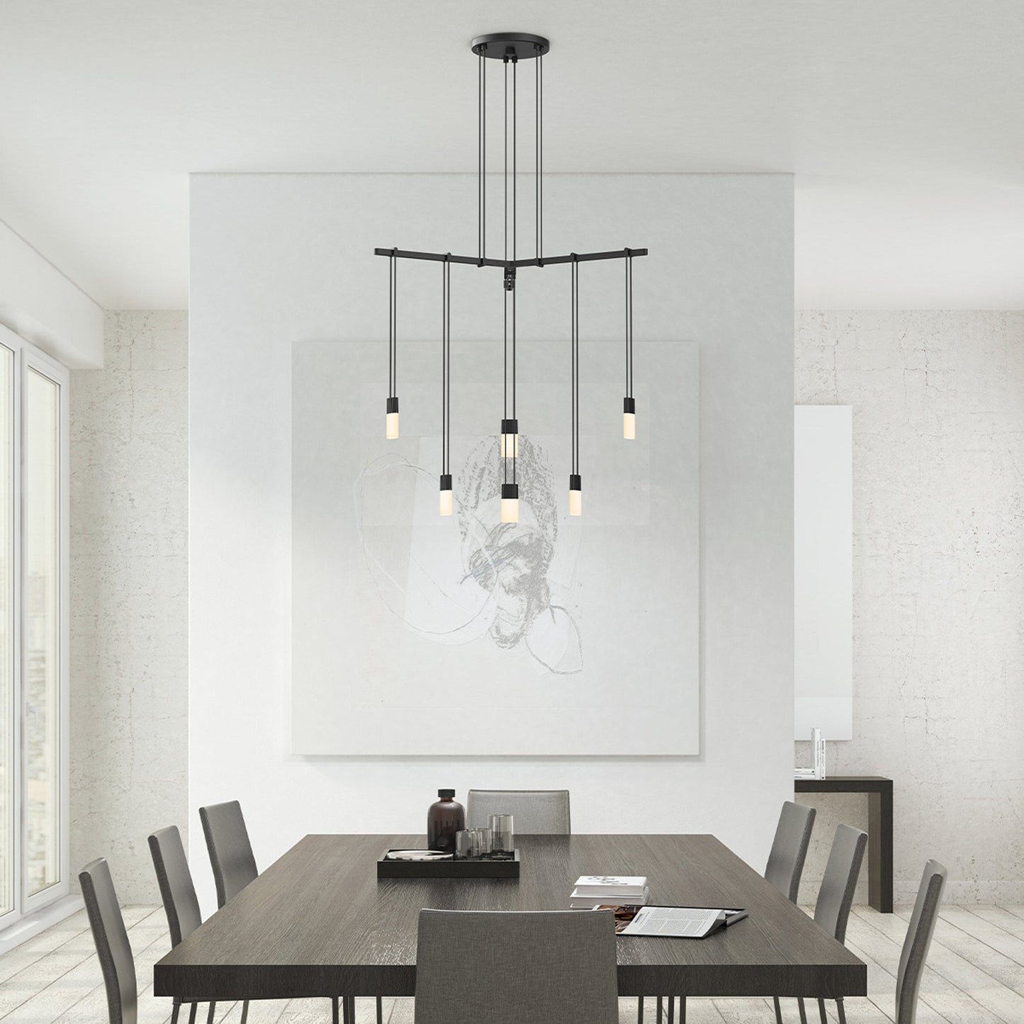 Suspenders® 1-Tier Tri-Bar LED Pendant Light in living room.