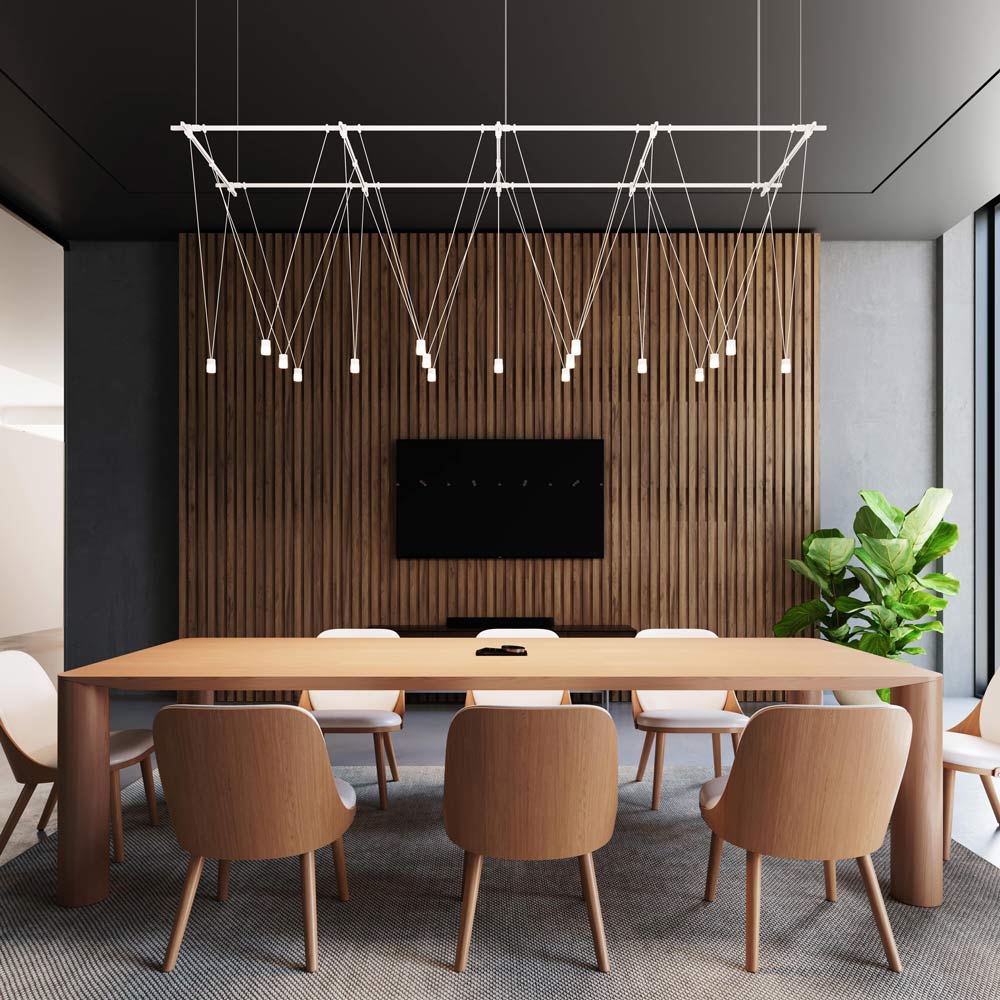 Suspenders® Gridscape V-Line Etched Cylinder LED Chandelier in conference room.