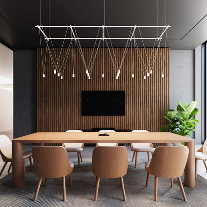 Suspenders® Gridscape V-Line Etched Cylinder LED Chandelier in conference room.